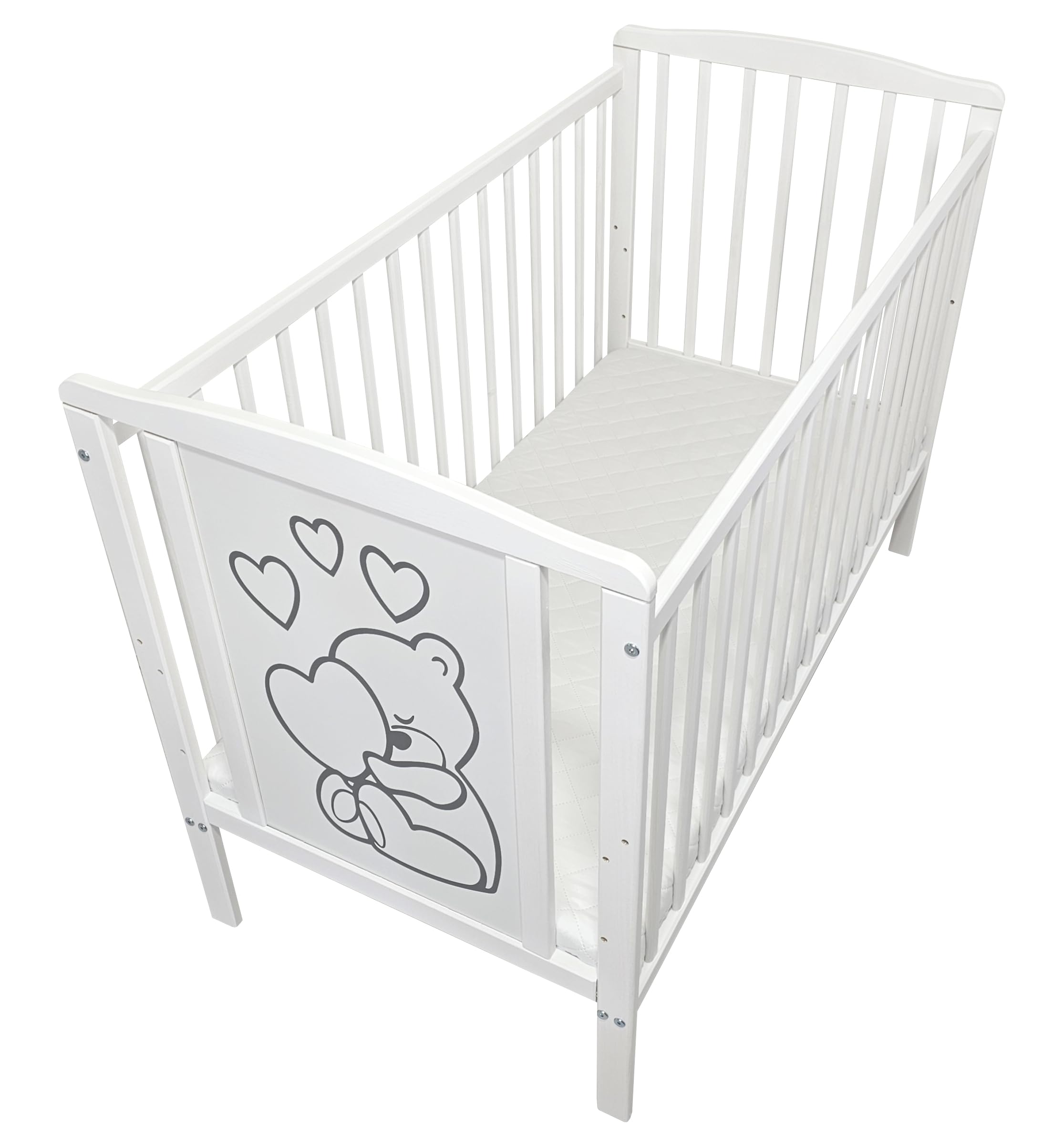 16 Teiliges Babybett Kinderbett und Bettwäsche komplett Set Timmi inkl. Matratze höhenverstellbar für Neugeborene Babys und Kleinkinder aus Massivholz Teddybär Mond Dunkelbeige