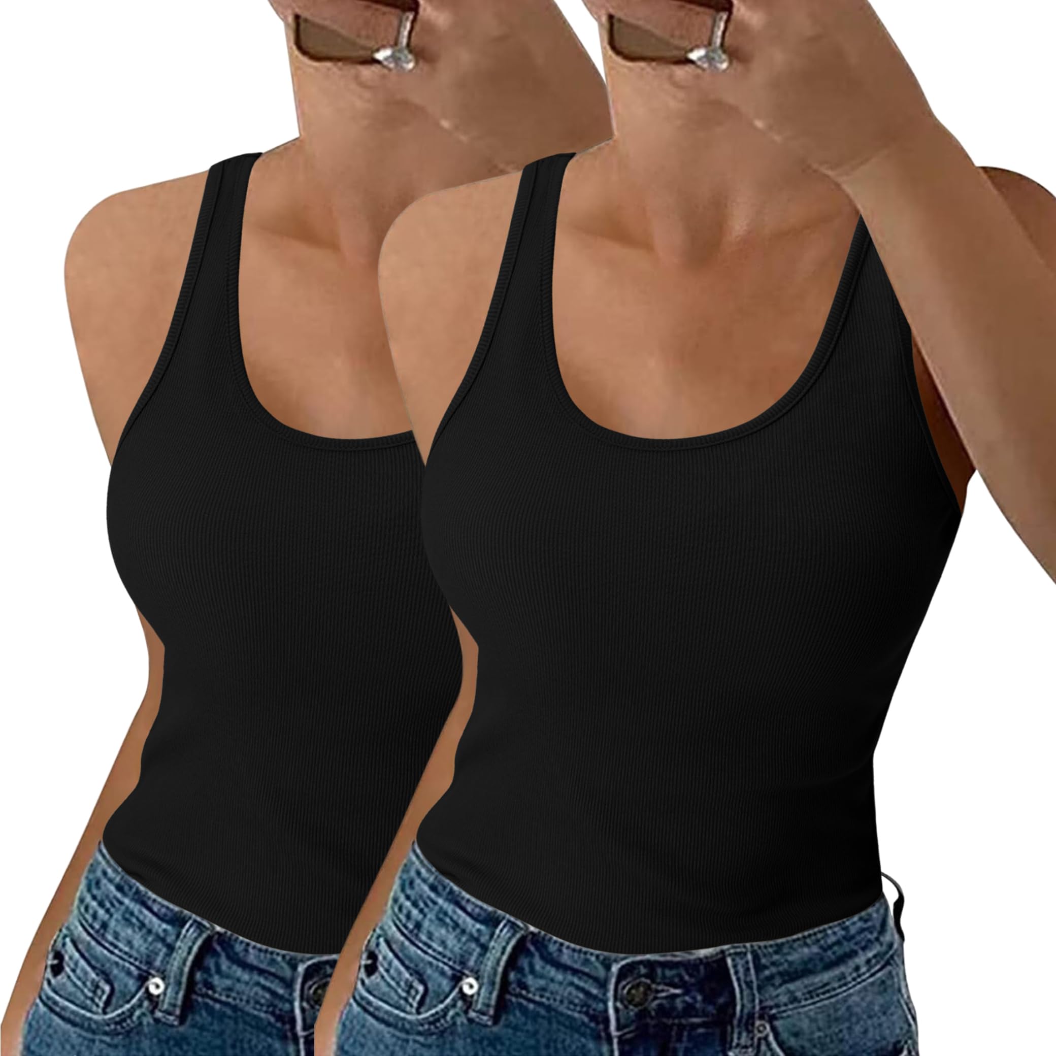 Aottori Damen 2er Pack Tank Top Sommer Slim Fit Oberteile Ärmellos Gerippt Basic Shirt Rundhals Weste Baumwolle Tops Sexy Casual Vest Einfarbig