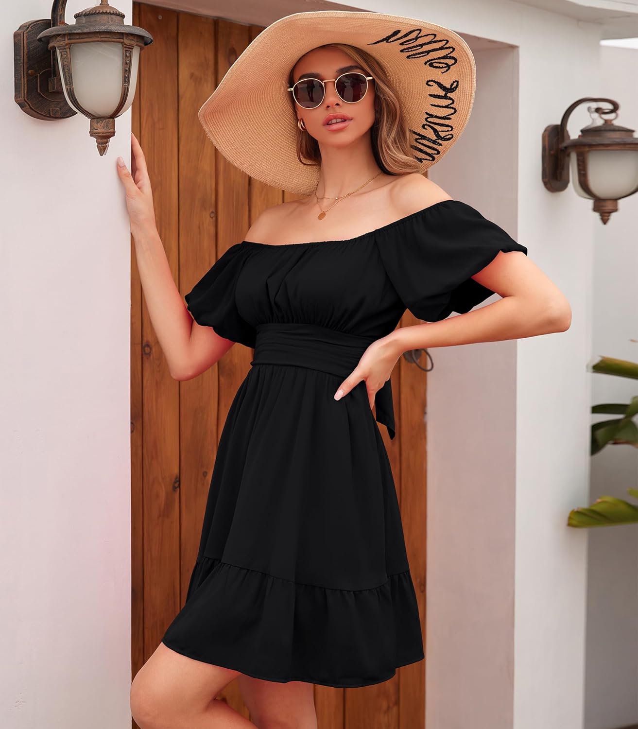Phortric Womens Summer Tie Back Dress Square Neck Lantern Sleeve Off Shoulder Casual Mini Dresses - Image 5