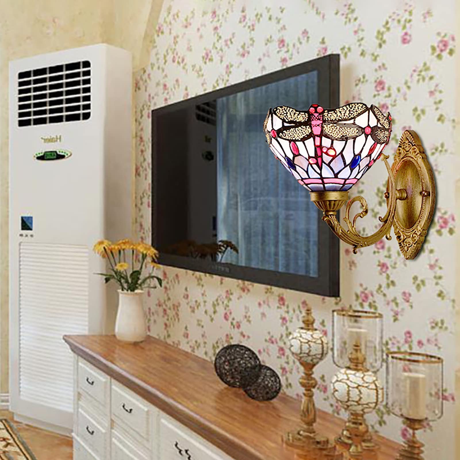 Antigua libélula Estilo Tiffany lámpara de Pared, 8 Pulgadas de Cristal Rojo Perlas de Vidrio de Color Bronce Base de luz de Pared, Estilo rústico Victoriano lámpara de Pared para la Escalera