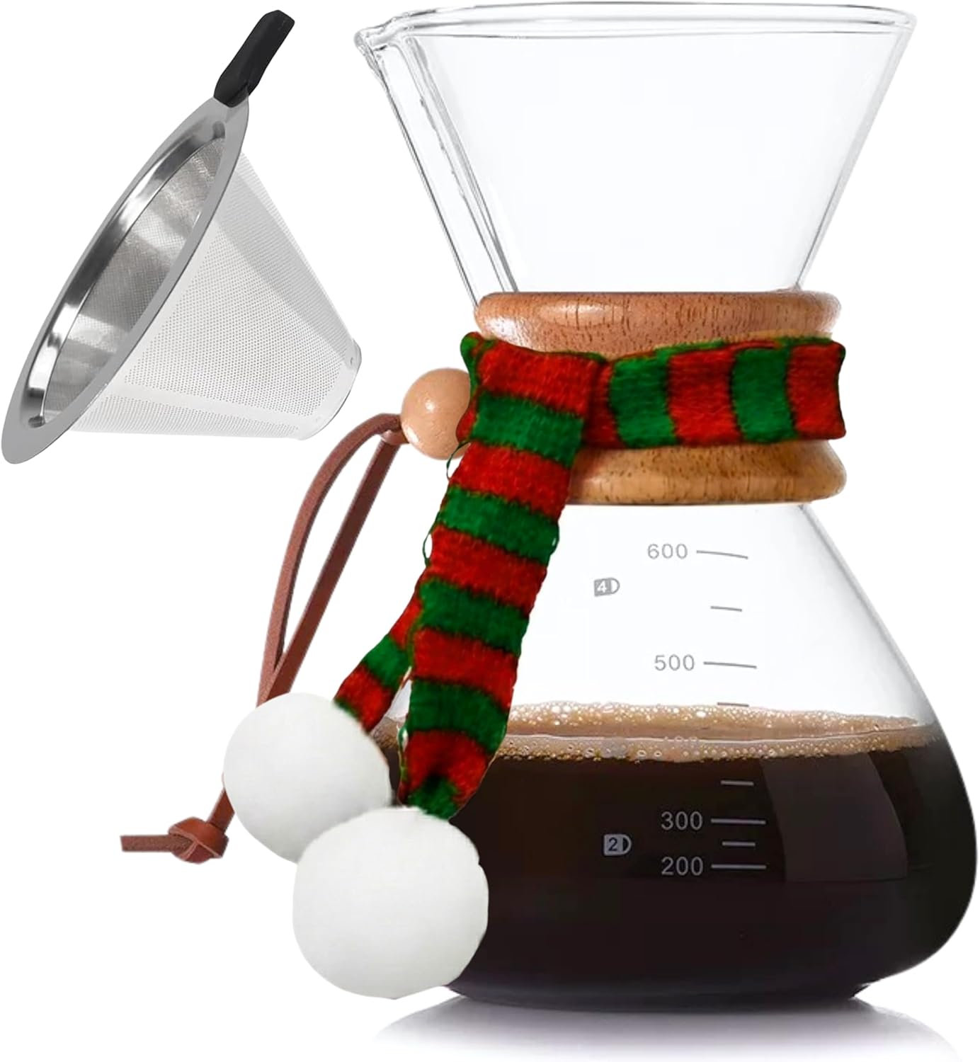Pour over Borosilicate Glass Coffee maker with Stainless Steel Filter and Wooden Collar Holder, Coffee Carafe Brewer for Home & Camping