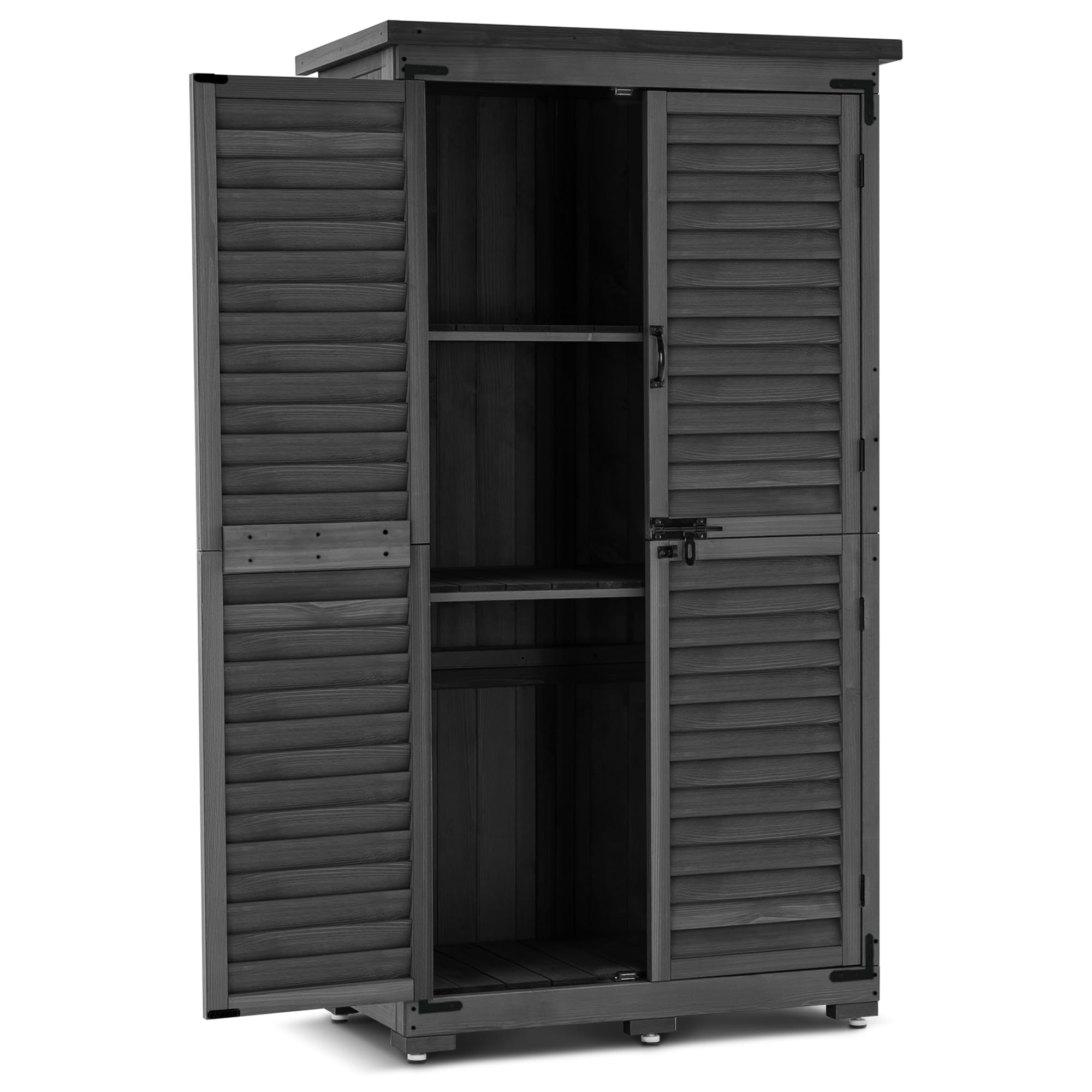 Outdoor Storage Cabinet, Garden Storage Shed, Outside Vertical Shed with Lockers, Outdoor 63 Inches Wood Tall Cabinet for Yard and Patio 0870 (Grey)
