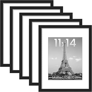 upsimples 11x14 Black Picture Frame Set of 5 - Gallery Wall Frames for 8x10 with Mat or 11x14 Photos, Safe HD Plastic