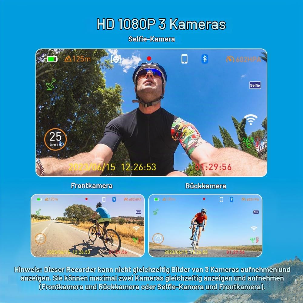 VSYSTO Fahrrad Rückfahrkamera, Lenker Fahrrad Spiegel 4'' Bildschirm WiFi HD 1080P Front und Heck und Selfie Kamera DVR mit Reifendrucksensoren GPS Telefon Assistant Mode Temperatursensor(Schwarz-F3K)