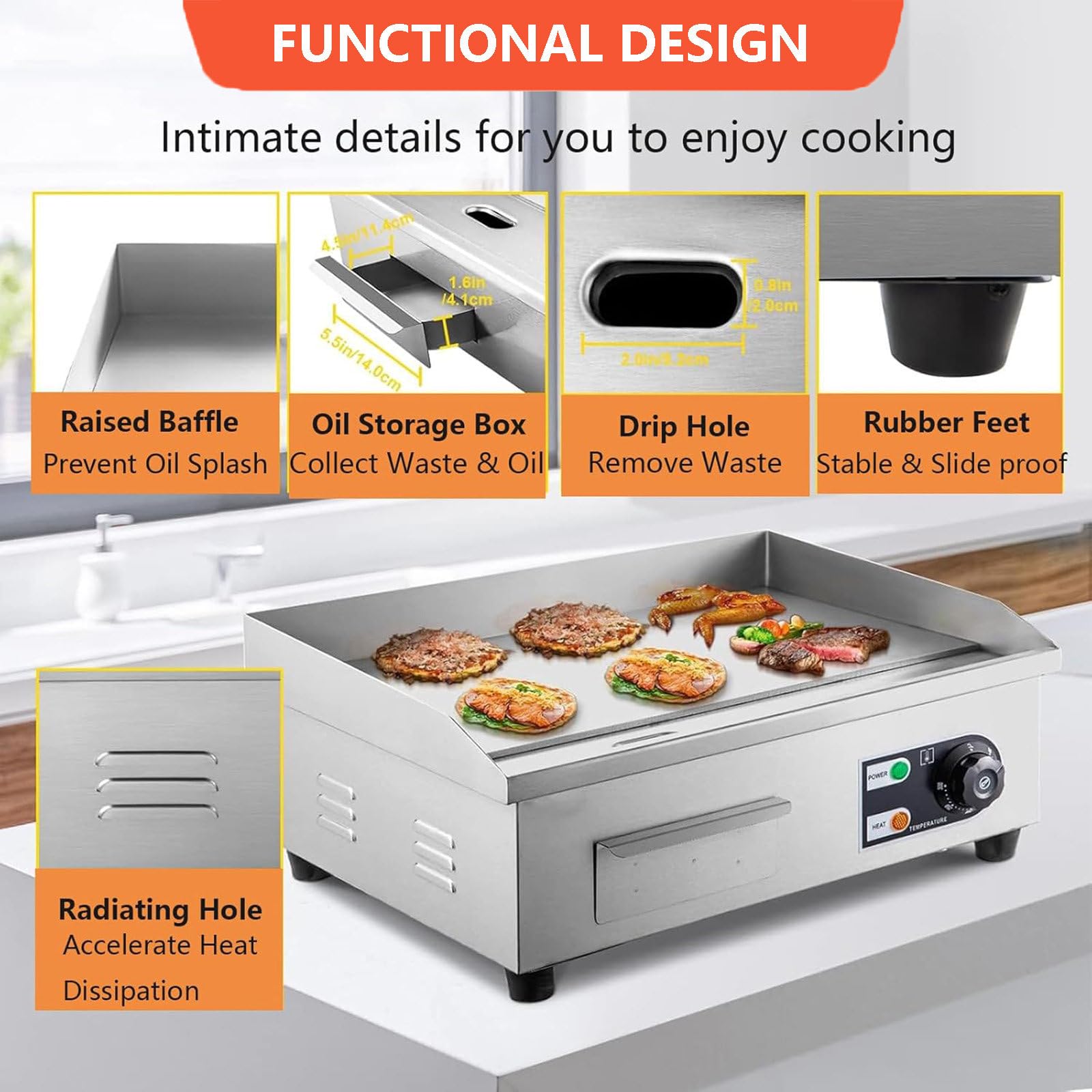 Piastra elettrica Commerciale 50℃-300℃ Piano Cottura Elettrico/Piastra da banco in Acciaio Inox con Controllo della Temperatura/Piastra Piana da Cucina per friggere Pancetta e Bistecca,2500W