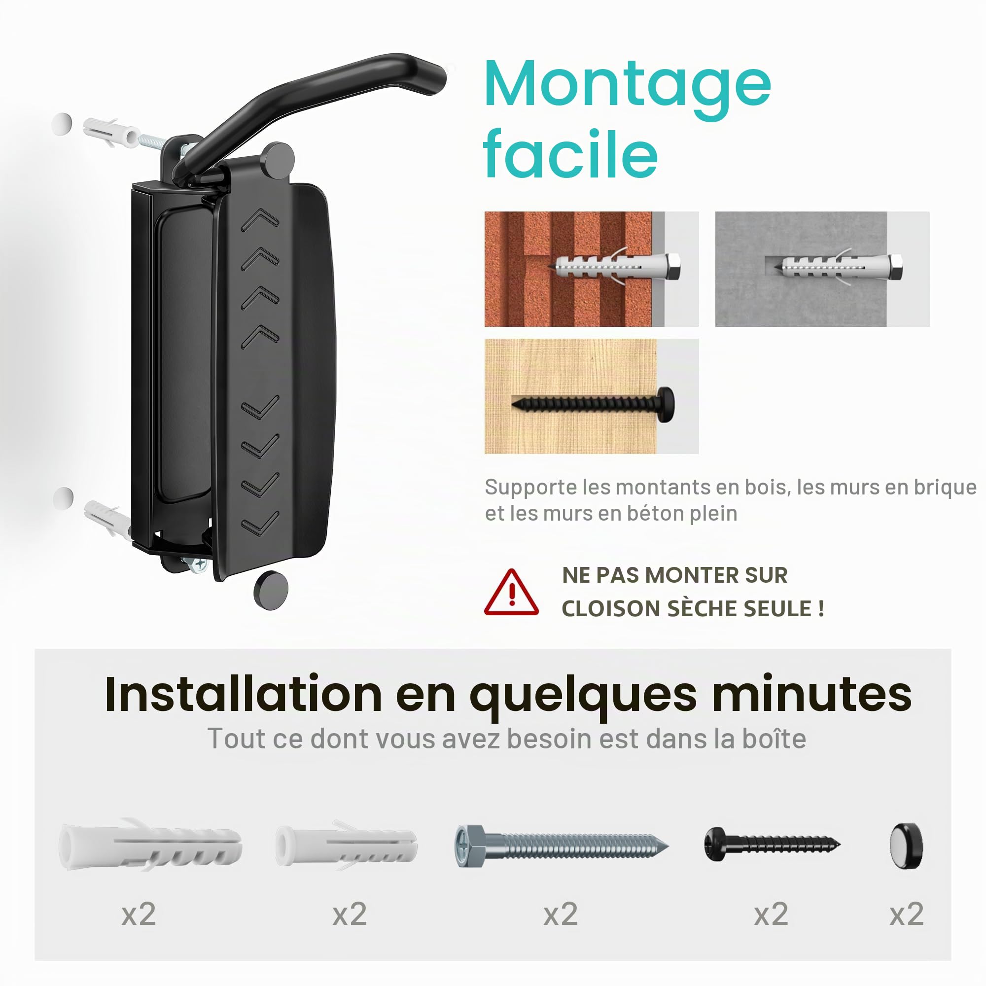 PEGZONE Support Mural Vélo Pivotant, 35 kg, 4 Pièce | Support Mural Vélo Réglable pour Garage, Gain de Place, Support Robuste, Noir