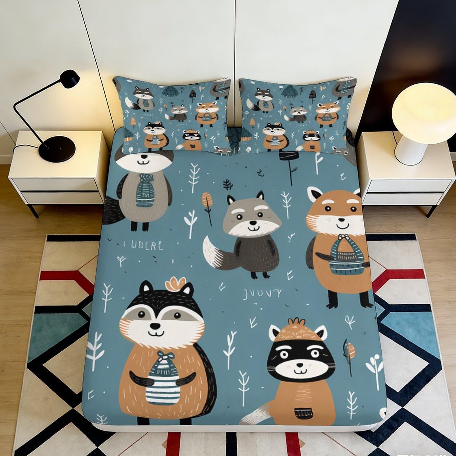3D Printed Cartoon Raccoon Fitted Sheet Microfiber Soft Anti-Slip Fox Mattress Cover for Bedroom Dorm Decorative Protection 120x200x25cm