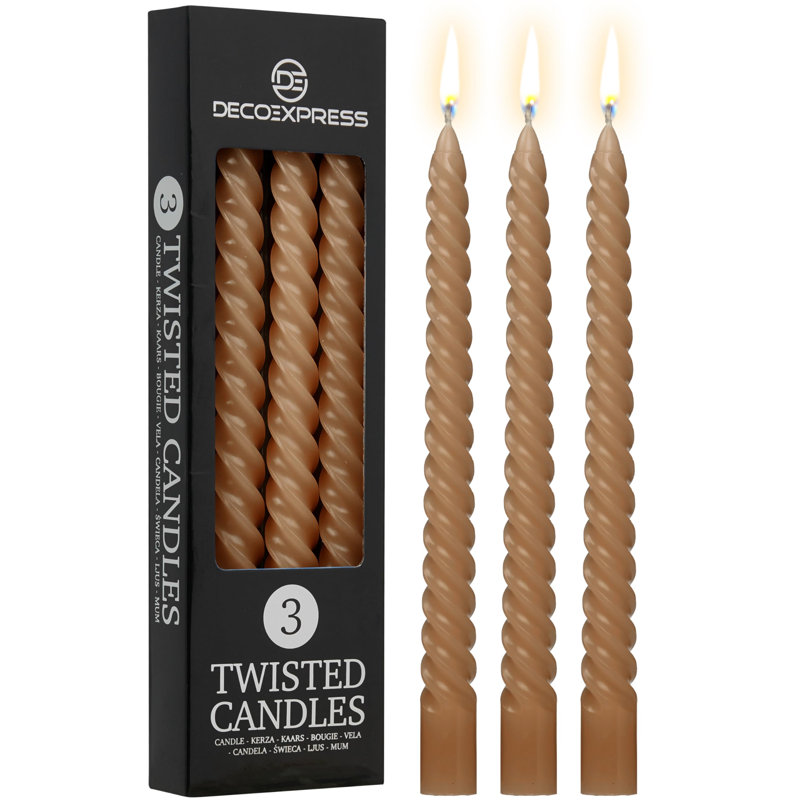 Deco Express Brown Candles, Pack Of 3 Dinner Candles, Non Drip Twisted & Non Scented, Long 6 Hours Burning Time, Cosy Home Decor, Birthday, Valentine’s Day & Mother’s Day Gift Idea (, Pack Of 3)