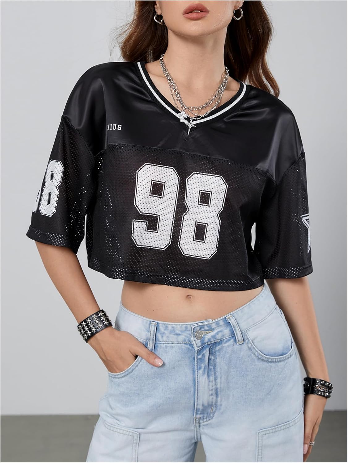 Verdusa Women's Jersey Shirts Hip Hop V Neck Short Sleeve Mesh Crop Top Graphic Tees - Image 5