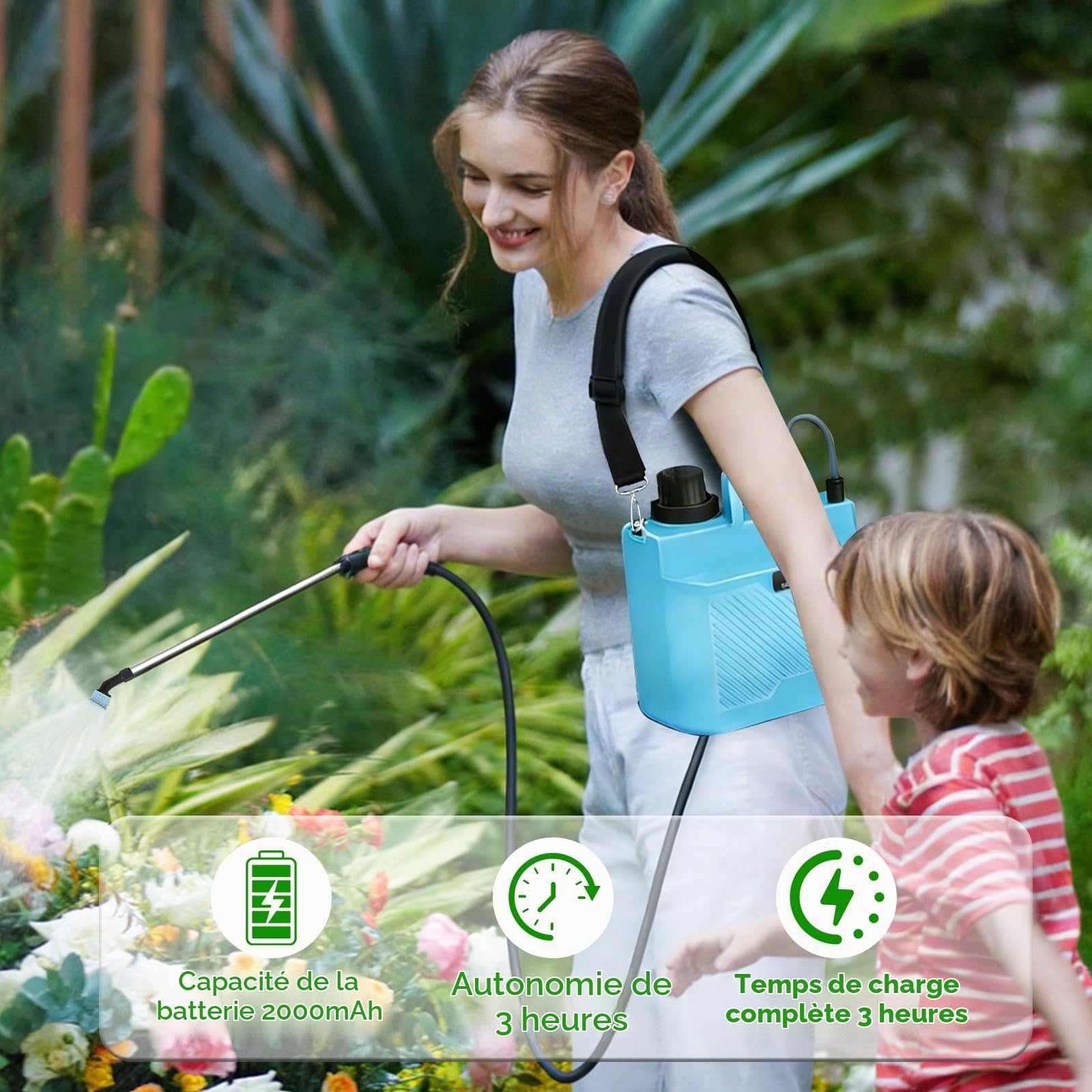 auvstar Pulvérisateur Électrique de Jardin 8L avec 4 Buses,Portable Pulverisateur a Pression Rechargeable pour Jardin,Traitement des Plantes,3 Vitesses de Pulverisation et Canne Telescopique