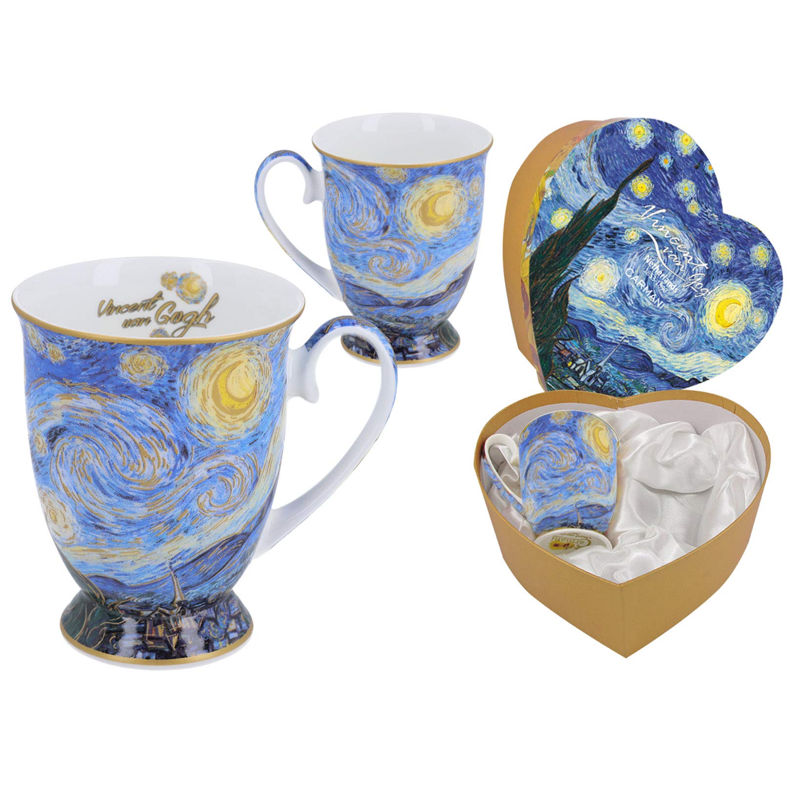 CARMANI - Set of 2 Fine Bone China Mug for Tea, Coffee in a Gift Box with Vincent Van Gogh - The Starry Night 400 ml