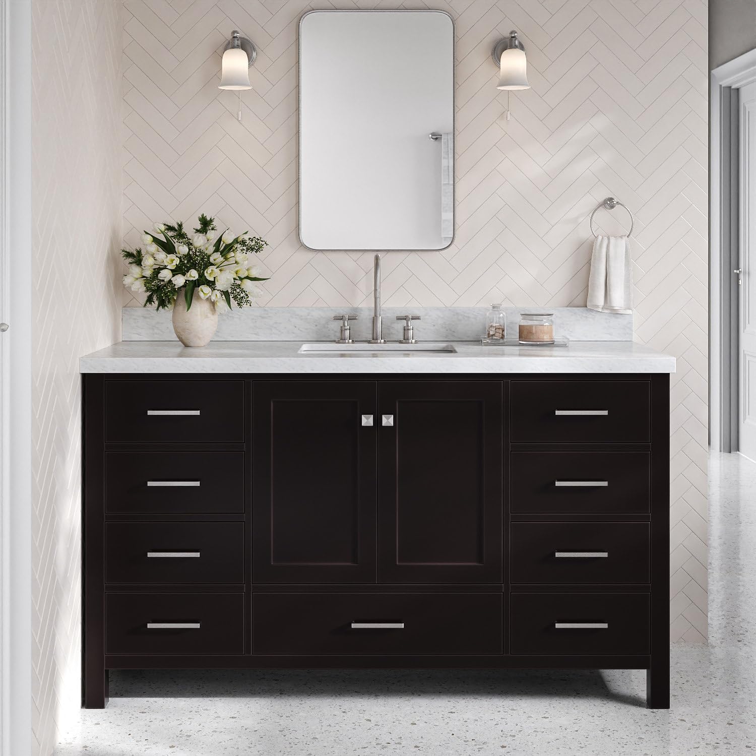 DKB Beckford 60 Inch Bathroom Vanity Single Sink — Espresso Bathroom Vanity with Sink, 1.5" Edge Italian Carrara Marble Countertop & Backsplash, 2