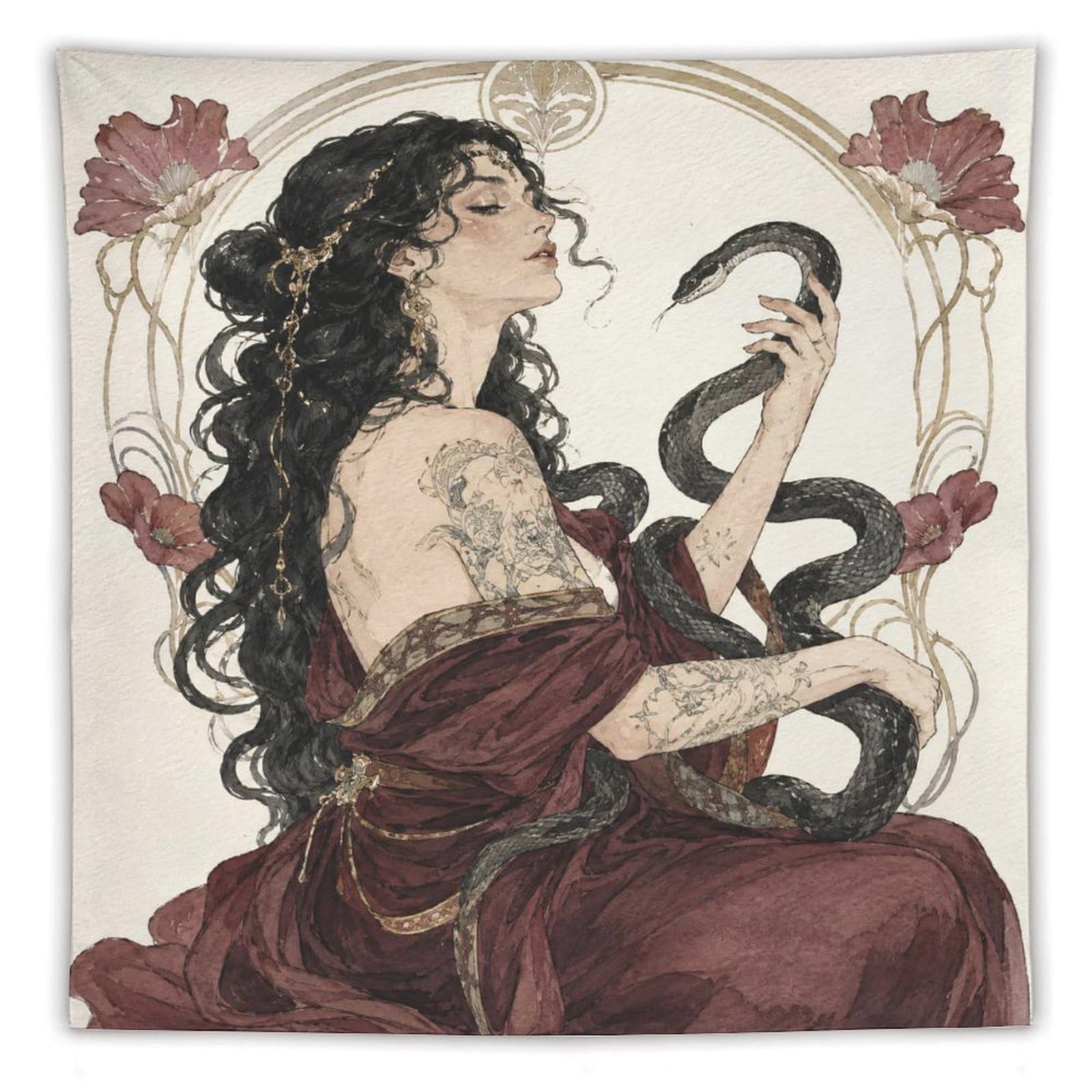 H3B8U2Y5 Snake Goddess with Black Serpents Wall Tapestry, Art Nouveau, Bed