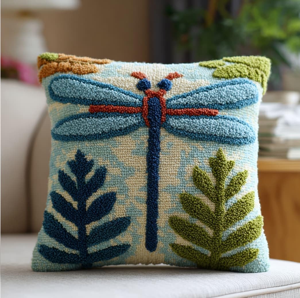 Taxpy DIY Latch Hook Pillow Kit Pre-Printed Hook and Latch Rug Kits Dragonfly 17X17 Inch.Cross-Stitch Embroidery Cushion Cover for Home Sofa Decoration
