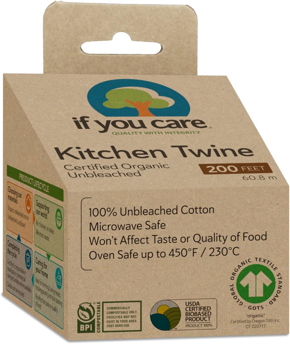 If You Care Kitchen Twine – 100% Unbleached Cotton, Biodegradable & Compostable, Certified Organic, Eco-Friendly Cooking & Baking Twine, Strong & Durable, 200ft Roll (Pack of 2)