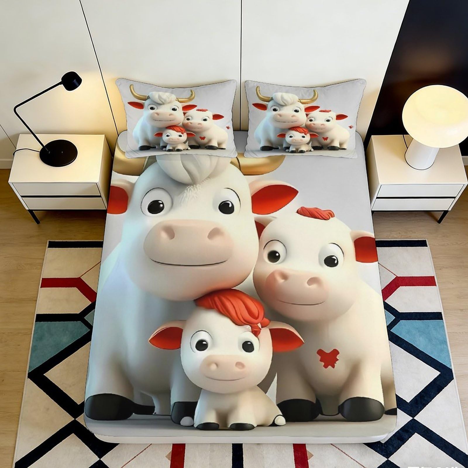 3D Printed Cartoon Cow Fitted Sheet Microfiber Deep Pocket Non-Slip Bedroom Bedding Playful Cow Mattress Fitted Cover Washable 160x200x25cm