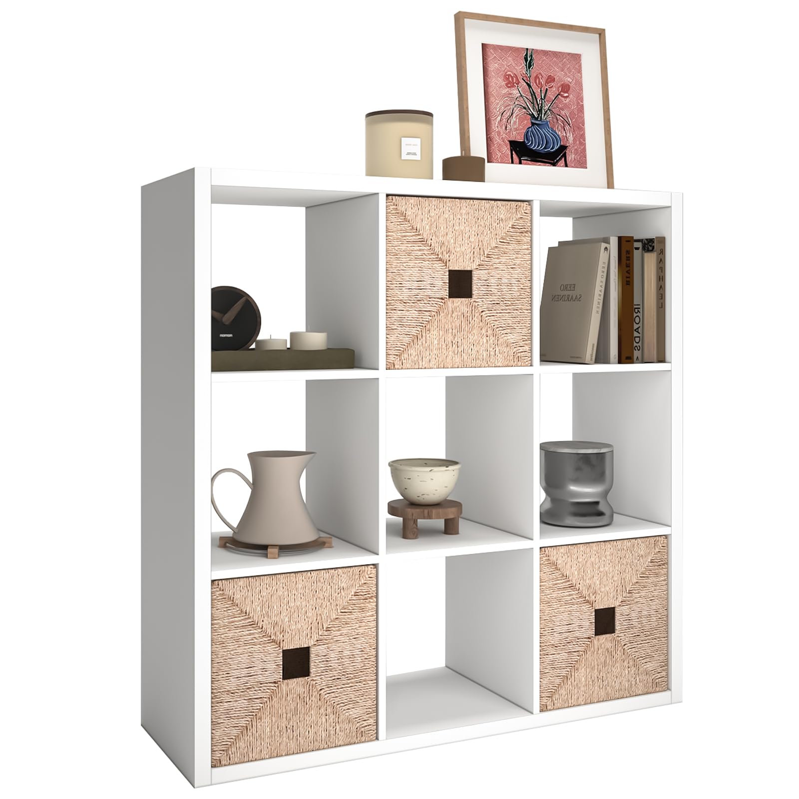 CTESNE【2026 Wooden Thick Frame 9 Cube Storage Organizer Shelf with Anti-Tipping Kits + Reversible Open Back Bookcase, Horizontal and Vertical Dual-use（White,11inch）
