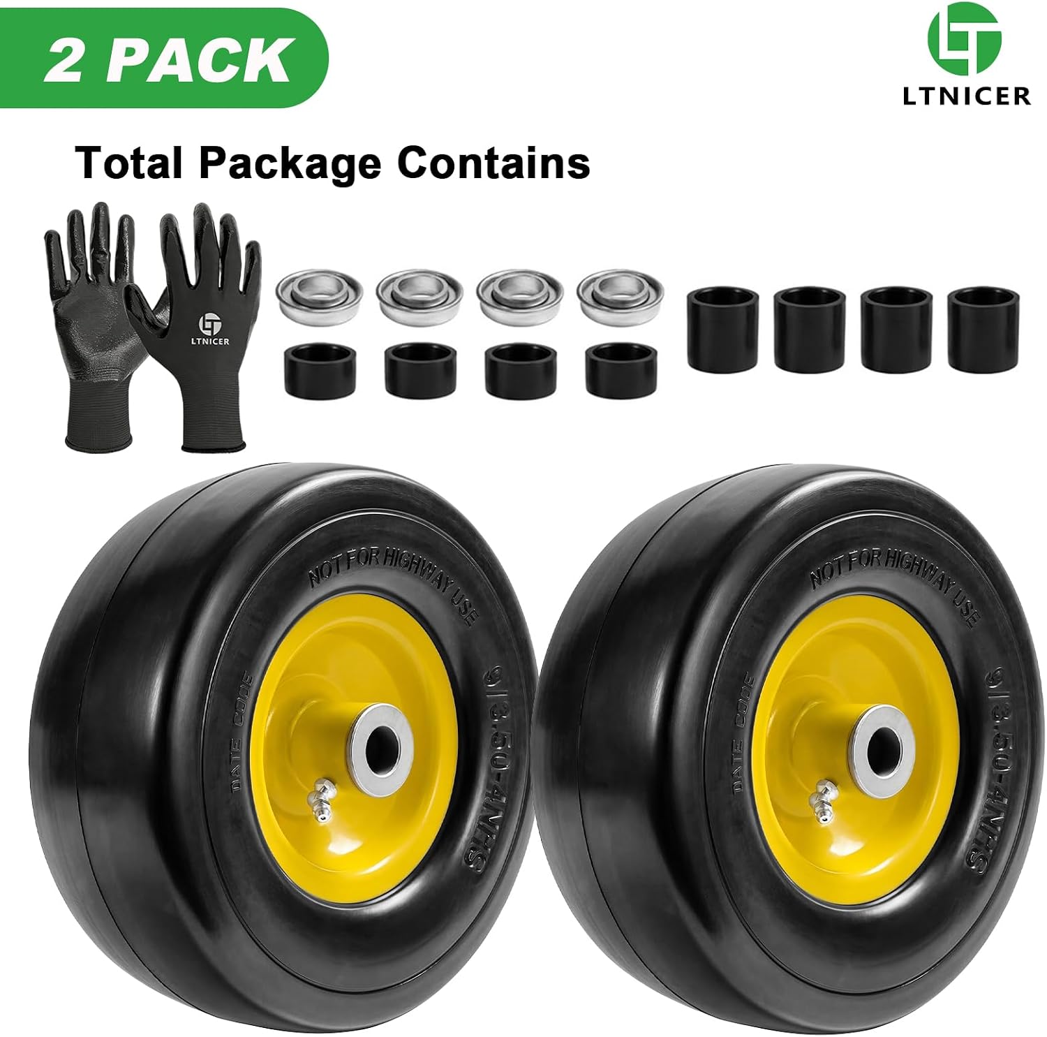 (2 Pack) 9x3.50-4" Lawn Mower Flat Free Tires - Front Zero-Turn Smooth Tires for Zero-Turn Mowers, Garden Tractors, Wheelbarrows & More With 3.5"-4"-4.5"-5" Centered Hub,3/4" Bushings,yellow