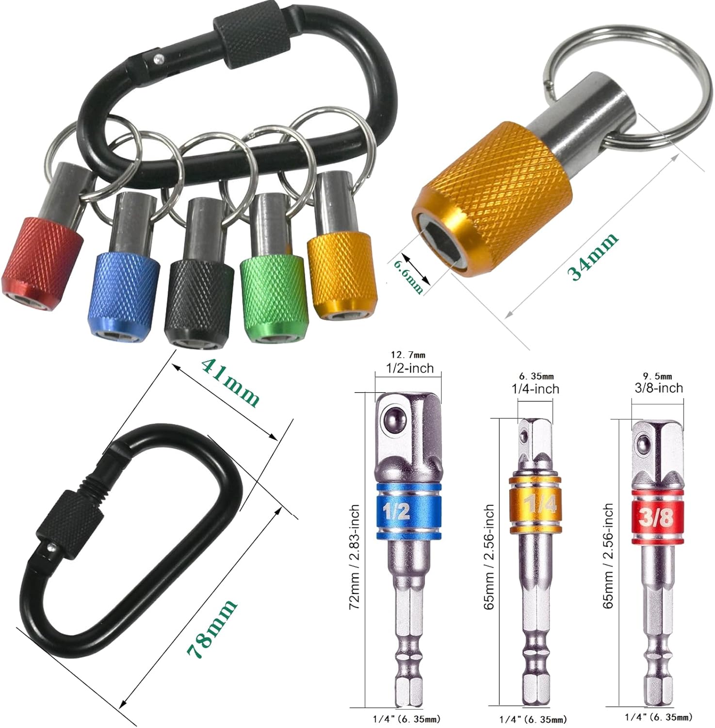 1/4 Inch Portable Five Color Coded Light-Weight Quick-Change Screwdriver Bits Holder Organizer Tool Aluminum Alloy Screwdriver Bits Holder Extension Bar Drill Screw Adapter 21Pack
