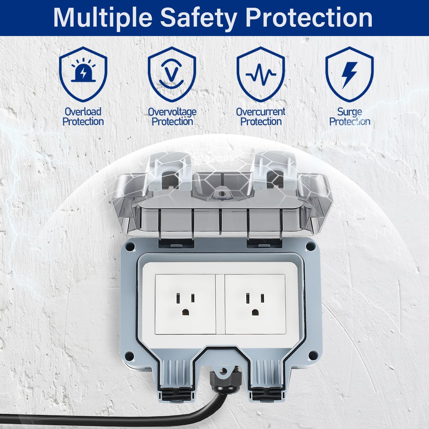 Outdoor Power Outlet Box with 16.4Ft Extension Cord, NEMA 5-15R, STW 14 AWG, Weatherproof Waterproof IP66 Electrical Outlet Extender, Exterior Wall Power Socket w/Cover for Garden