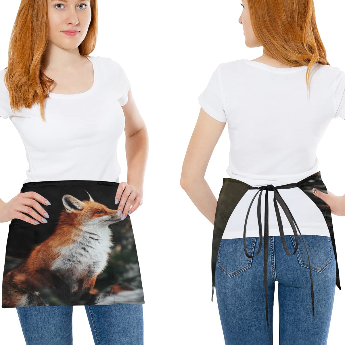 bisibuy Forest Fox 3 Pack Server Aprons with 3 Pockets, Wild Animal Waitress Waiter Wasit Apron for Women Men Restaurant Bistro Cafe Bars Half Aprons Waitress Server Accessories