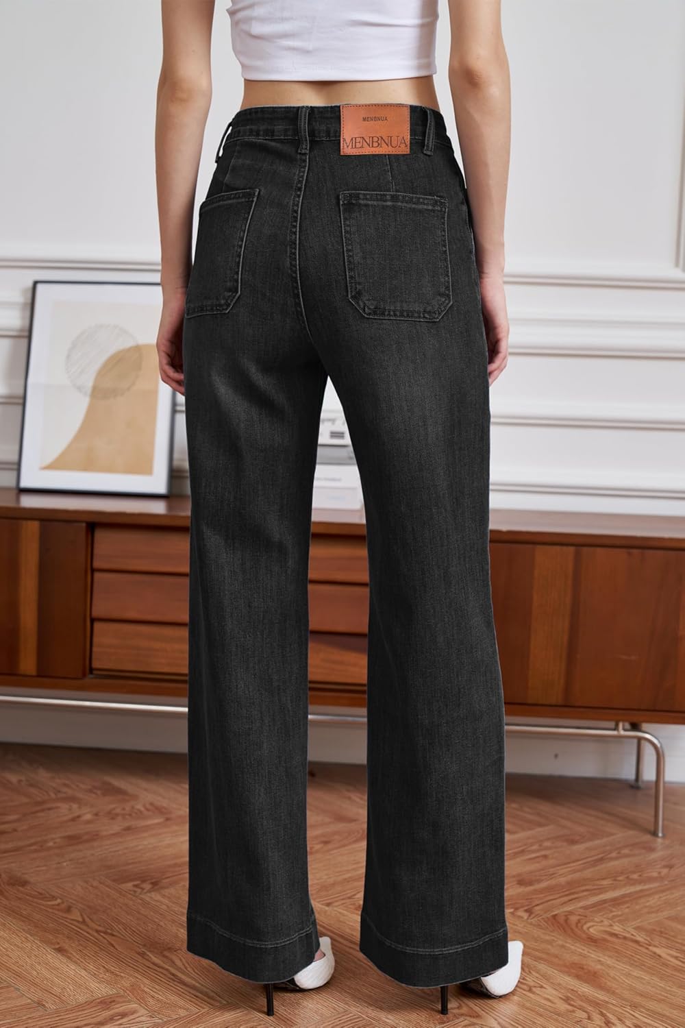 Women's Straight Leg Dad Jeans Seamed Front Stretchy Tummy Control Wide Leg Baggy Pocket Denim Pants - Image 3