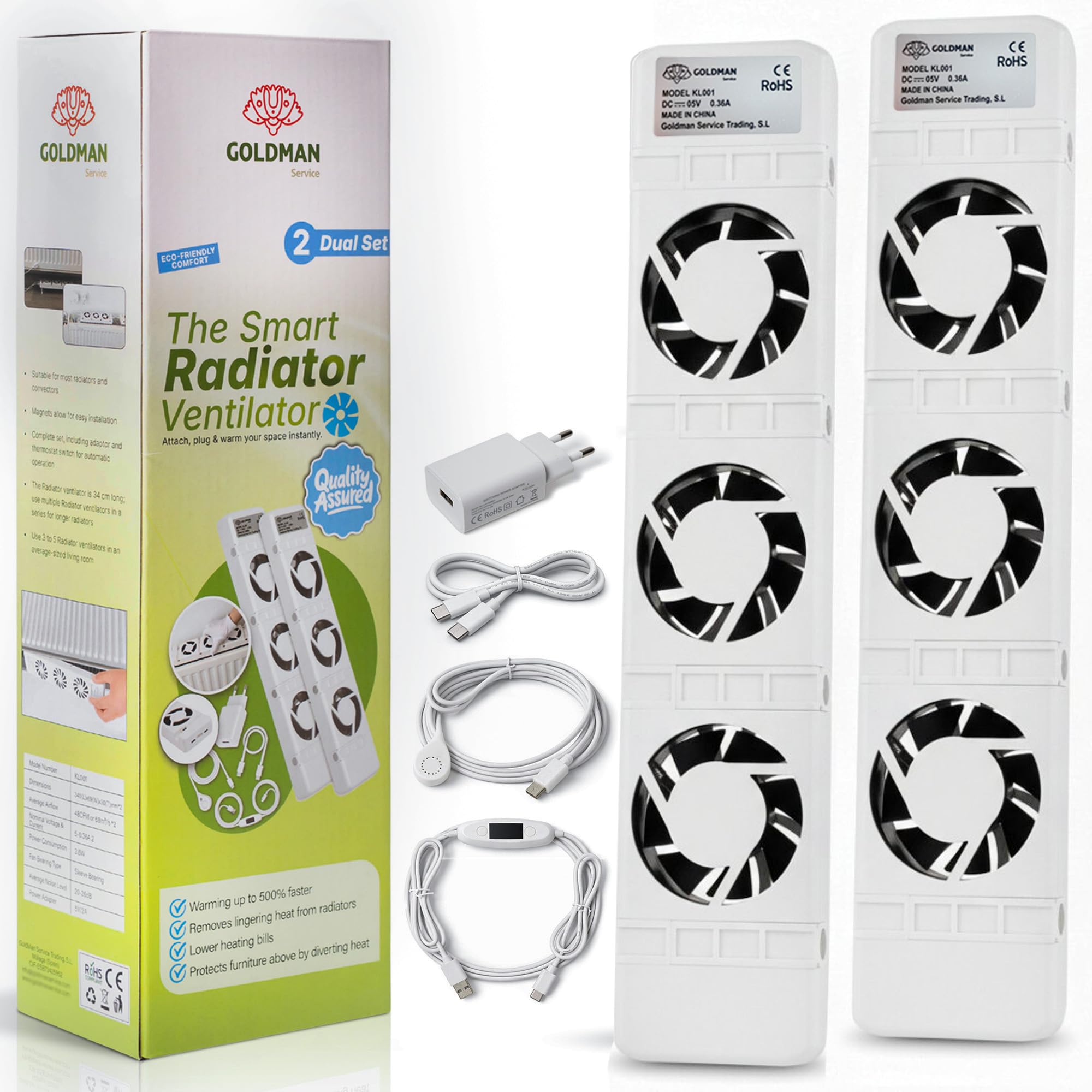 GOLDMAN SERVICE | Ventilador de Radiador Inteligente – Set Doble | Termostato Automático, Silencioso, Bajo Consumo 3.6W | Distribución de Calor Rápida para Radiador de Calefacción