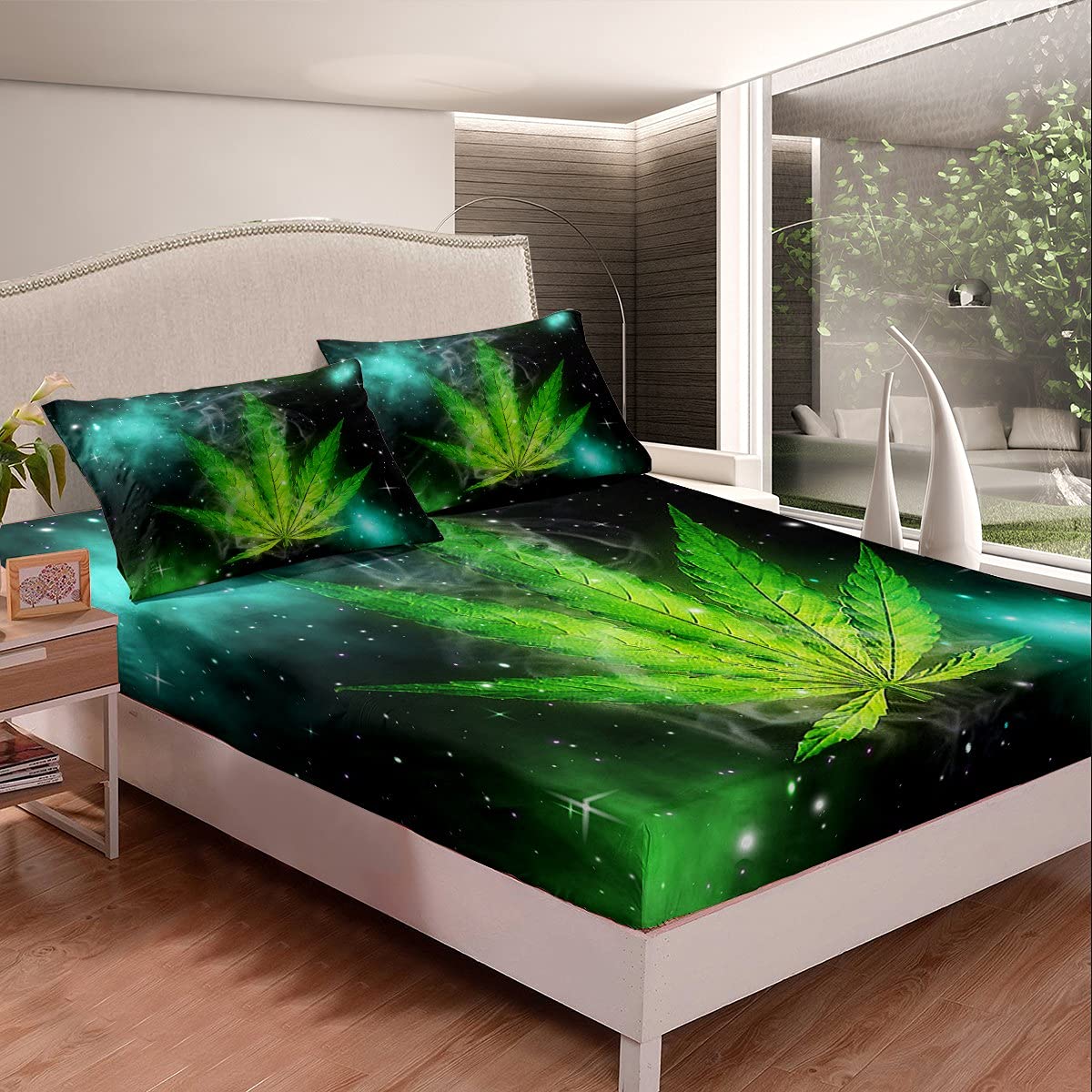 Cannabis-Blatt Bettwäsche King-Size – Botanisches Design, Handbemalt, 100% Mikrofaser