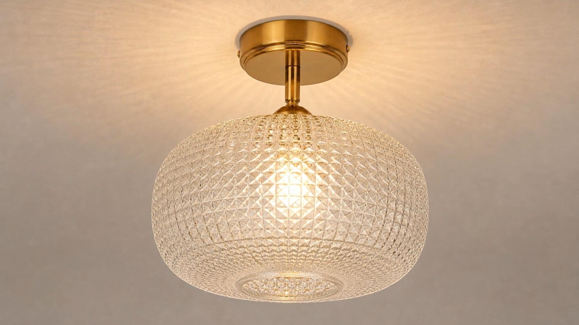 Image of Glass Semi Flush Mount Ceiling Light Fixture, Gold Vintage Globe Lamp, Sloped Ceiling Adaptable, for Hallway, Kitchen, Bedroom, or Entryway, Modern Farmhouse Style Light for Dining Room