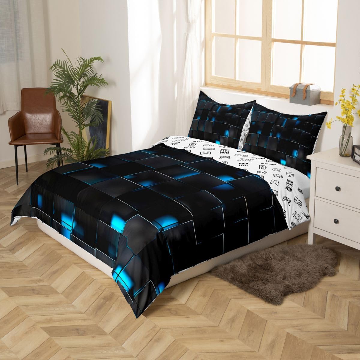 Manfei Pixel Grid Miners Kids Duvet Cover Set Queen Size,Video Games Plaid Lattice Girls Boys Bedding Set,Geometric Modern Check Room Decor,Black Blue Quilt Cover,2 Pillowcases(No Comforter)