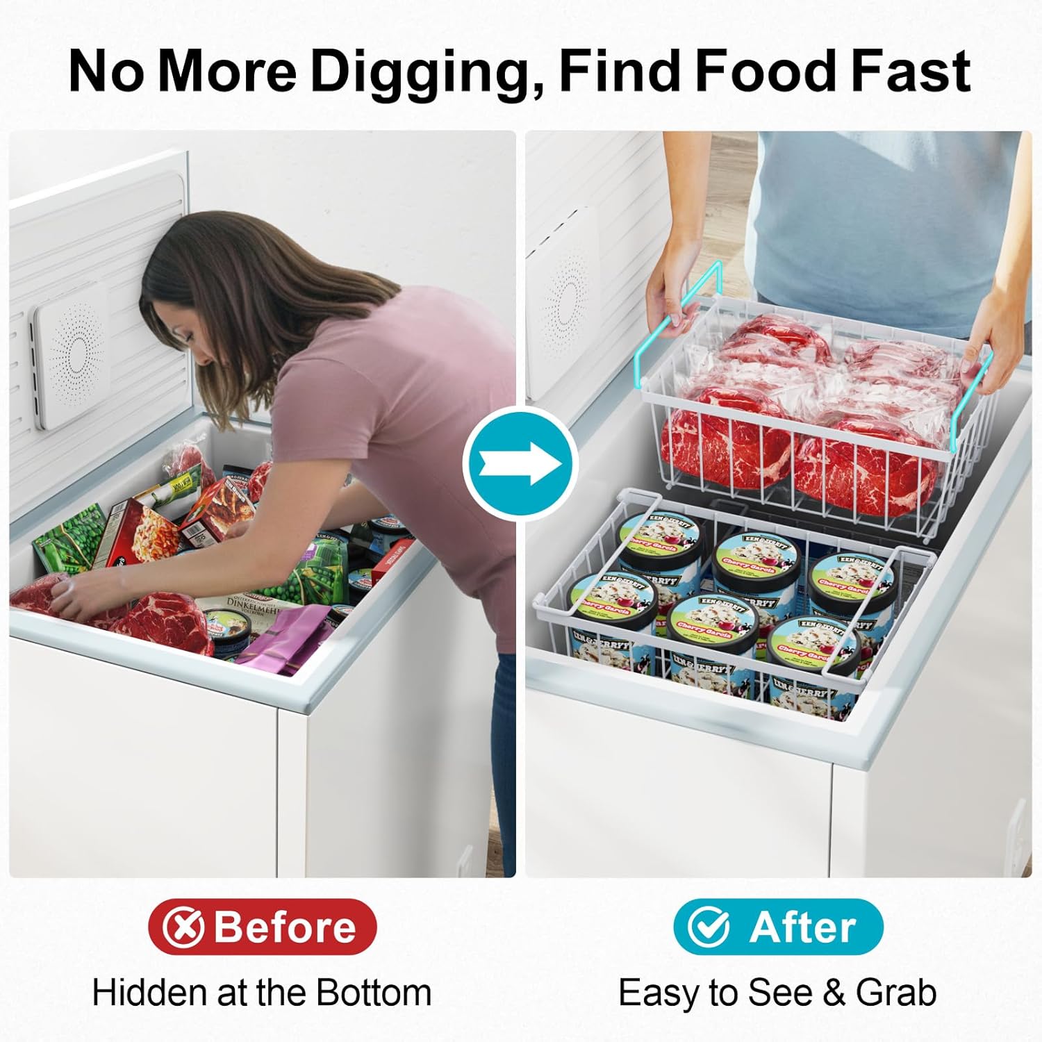 ispecle deep freezer organizer, 8 pack wire baskets for 5 cu.ft chest freezer & upright freezers (over 8.5 cu.ft), 14" x 9.4" stackable heavy duty storage bins easy access to sort meat, white bulk 8 white