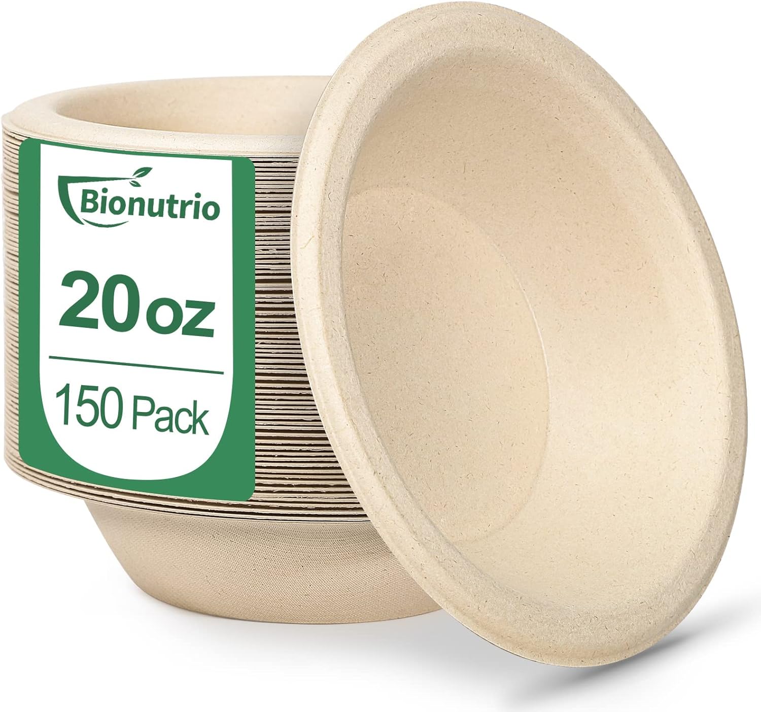 Paper Bowls 20 oz Heavy Duty, 150 Pack Disposable, Biodegradable Compostable, Eco-Friendly Made Of Sugarcane, Microwave Safe for Soup, Salad, Ice Cream, Dessert