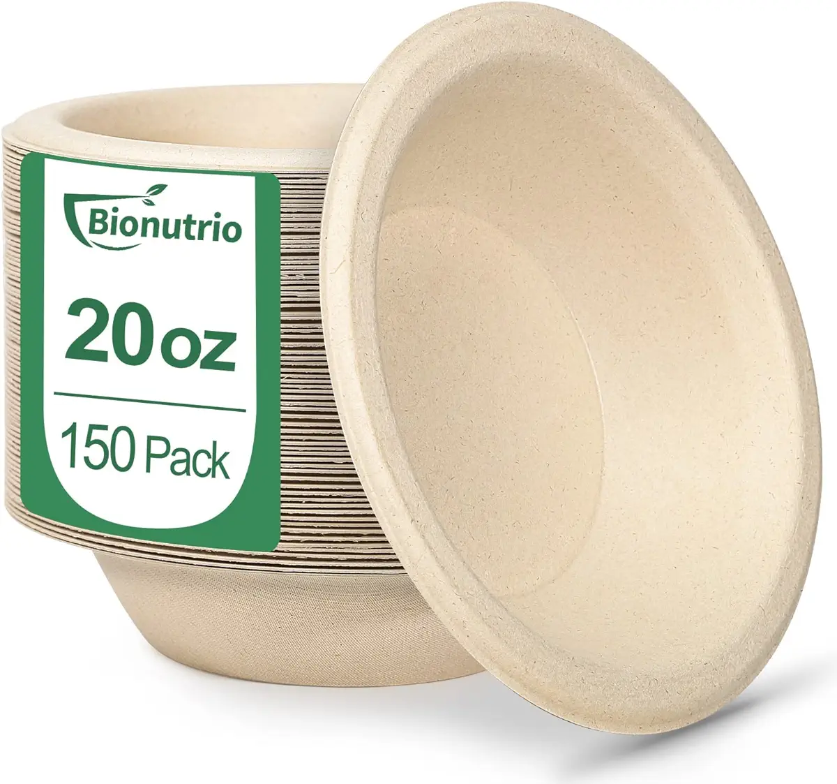 Paper Bowls 20 oz Heavy Duty, 150 Pack Disposable Bowls for Hot Soup, Biodegradable Compostable Bowls, Eco-Friendly Bowls Made Of Sugarcane, Microwave Safe bowls for Salad, Ice Cream, Dessert