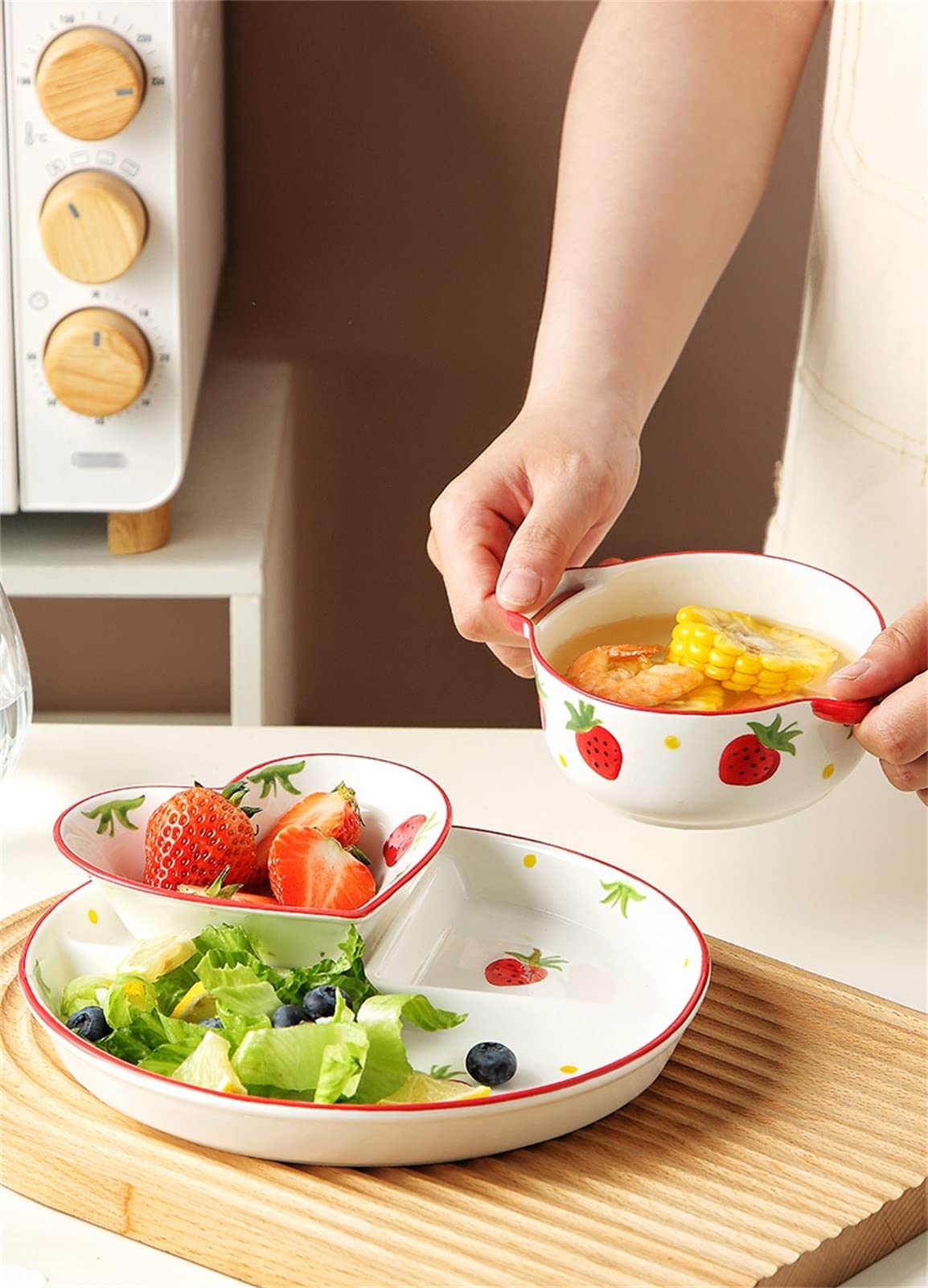 Juego de 3 cubiertos bariátricos para control de porciones, plato dividido y cuencos de sopa para control de peso, elegante color blanco con patrón de frutas, perfecto para una alimentación saludable