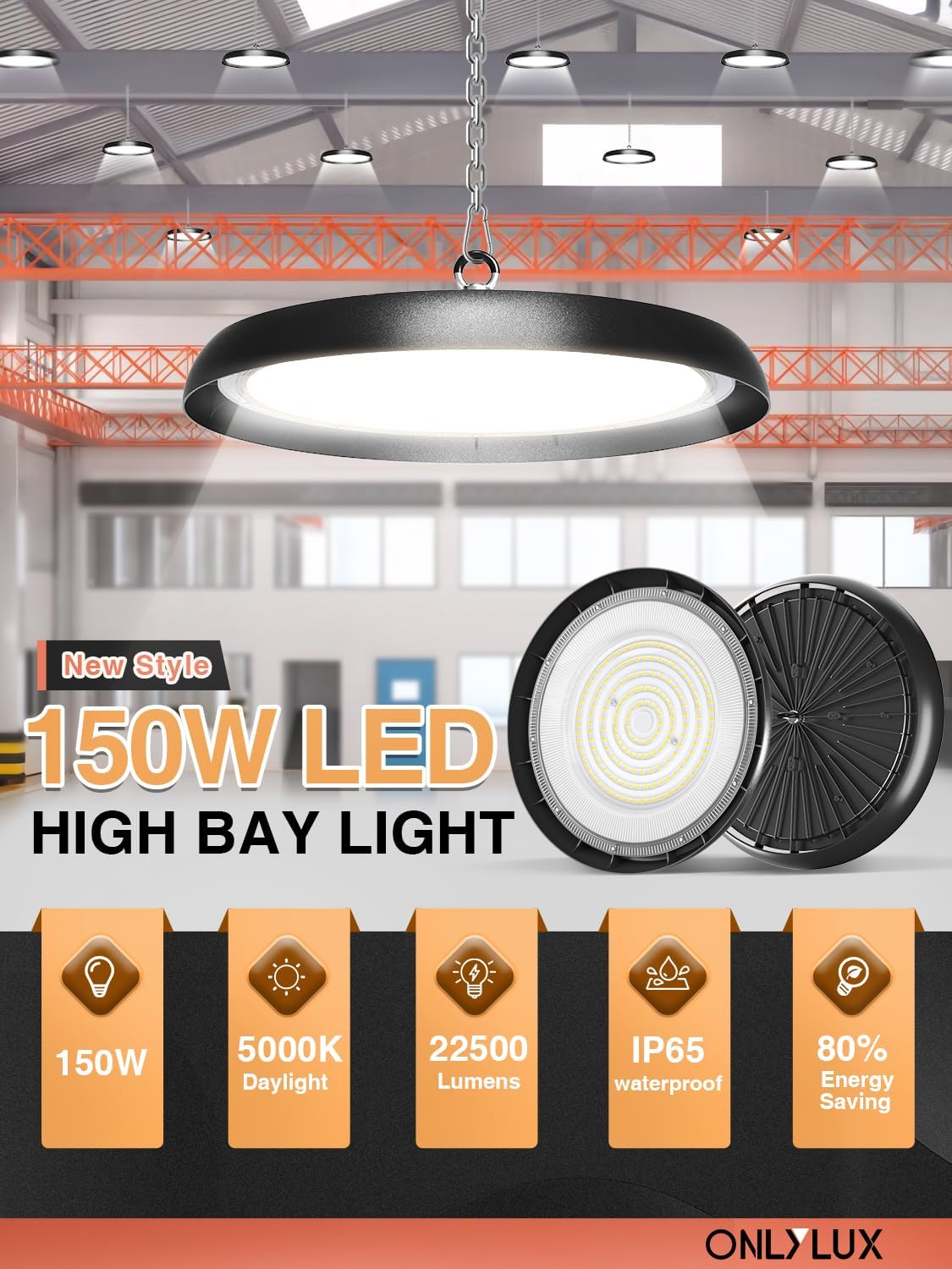 UFO LED High Bay Light, 150W, 10 Pack, 5000K, 22500LM, 100-277V with US Plug, IP65 Waterproof, Plug & Play, High Bay LED Shop Lights for Warehouse, Workshop