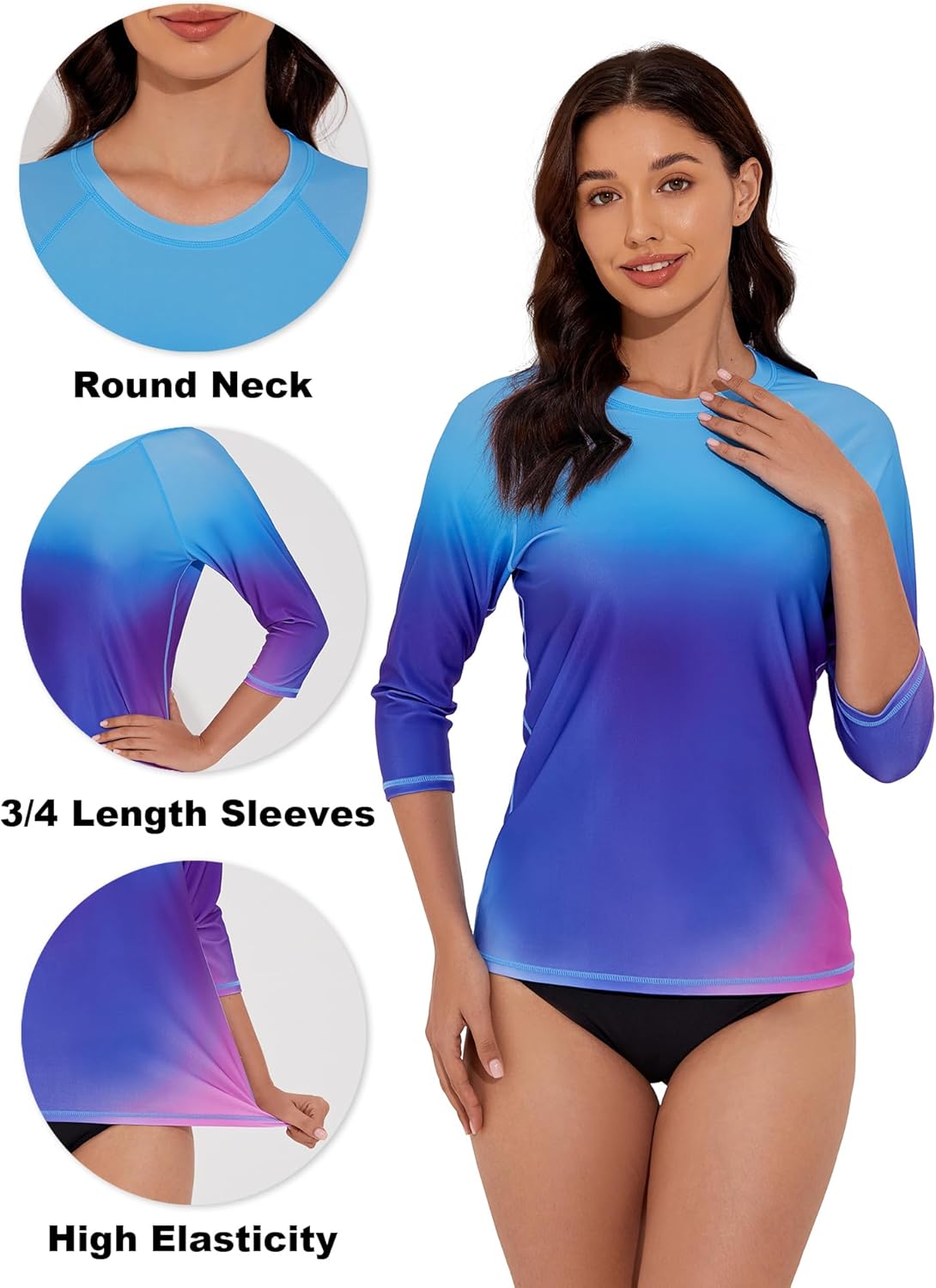 Tournesol Women's Rash Guard 3/4 Sleeve Swim Shirts SPF & UV Protection Rashguard Swimsuit Tops Round Neck Swimwear Top - Image 4