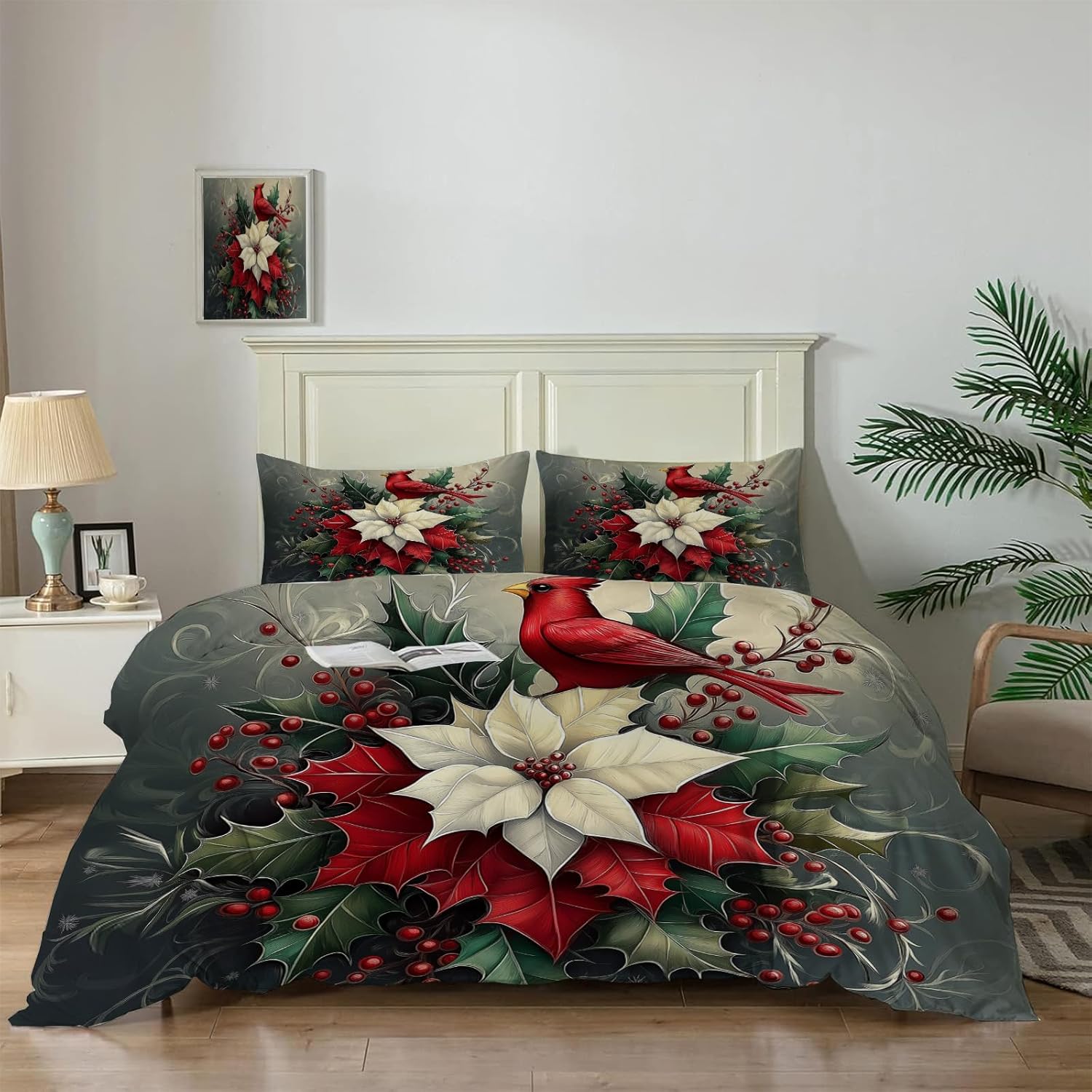 Soft Floral Plants Duvet Cover Twin Size, Animal Cardinal Printed Bedding Set 3 Pieces,Comfy Farmhouse Pattern Duvet Cover Set Zipper Closure and Ties Easy Care for All Seasons Quilt Cover