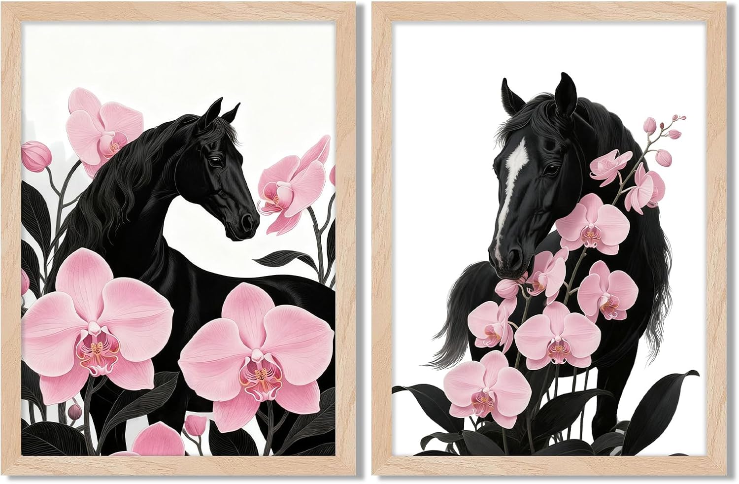 Leaf&Lre Framed Horse Wall Art Canvas Print, Elegant Black Horse and Pink Orchid Painting, Solid Wood Frame with Acrylic Cover, Set Of 2 Luxury Animal Wall Decor for Living Room Bedroom Office 8X10IN