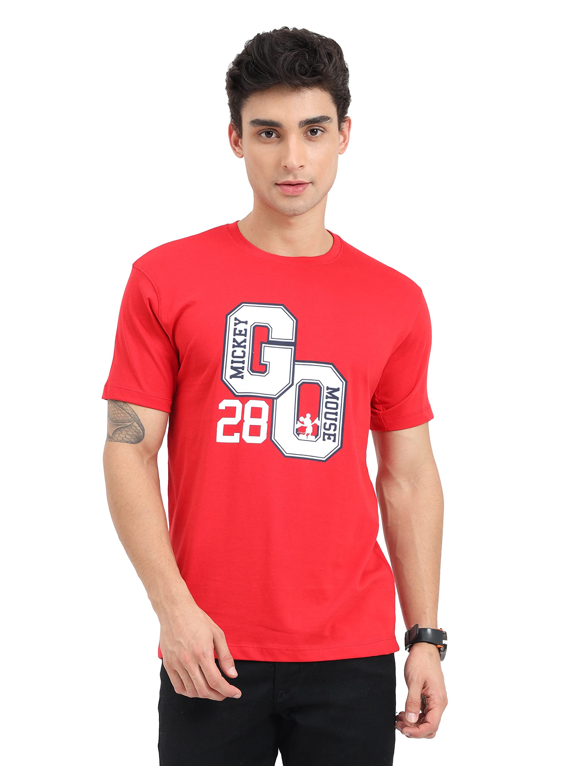 COOFTBrand Mickey Mouse GO 28 Design Print Navy Blue Color Regular Fit Round Neck T-Shirt for Men | Official Licensed Disney Merchandise