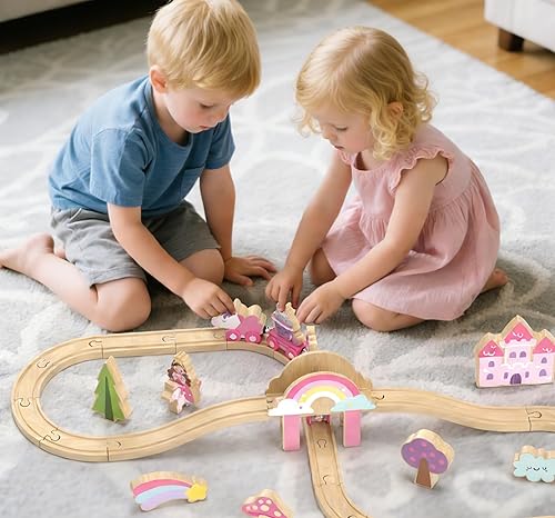 Miniatura 9 de Lehoo Castle Juego de tren de madera - Juego de tren de unicornio para niños pequeños de 2 a 4 años, pista de tren de madera, juguetes de fantasía