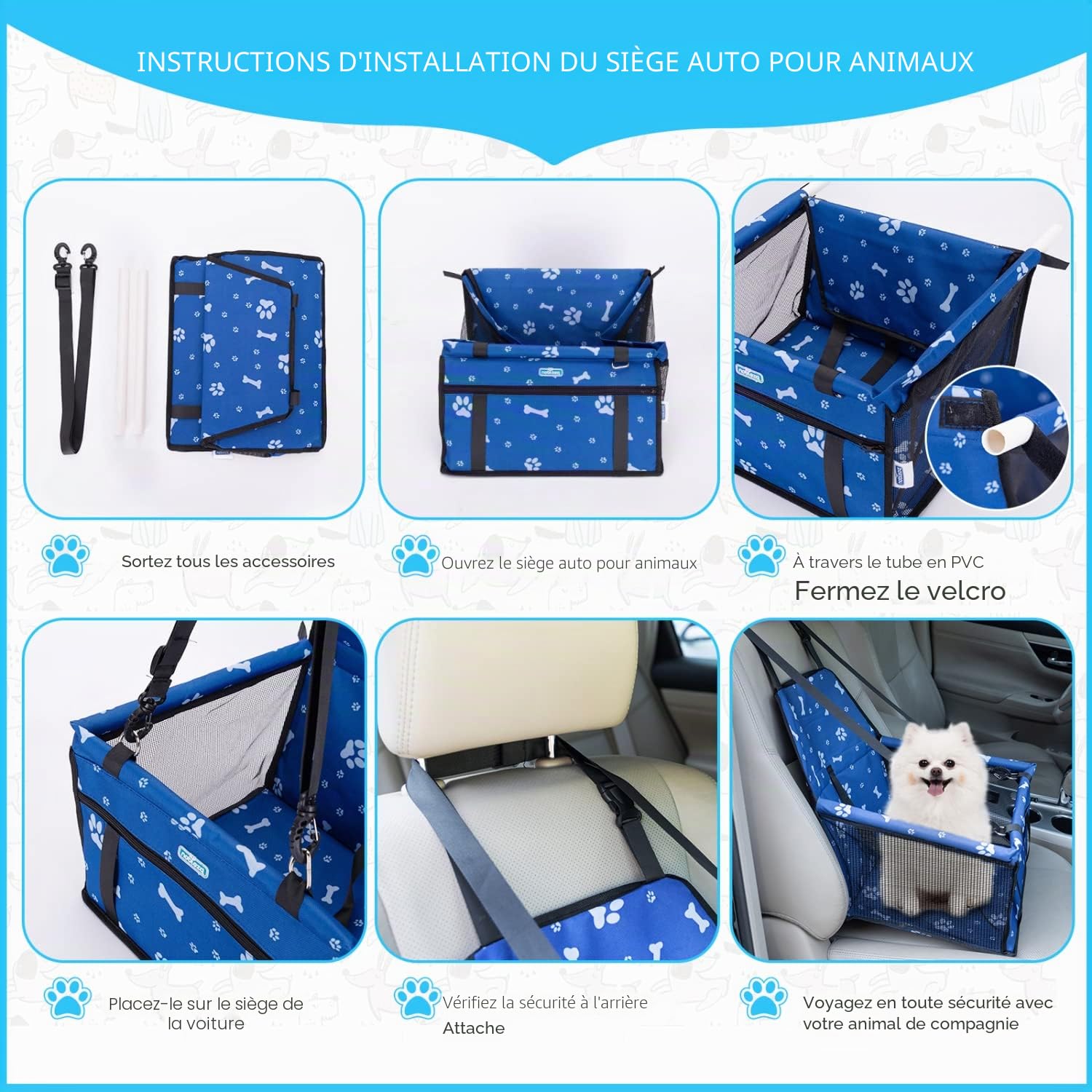 Nobleza Siège Auto pour Chien et Chat, Panier de Voiture Pliable pour Petits Chiens avec Ceinture de Sécurité, Imperméable et Respirant en Tissu Oxford, 40x34x25cm, Bleu
