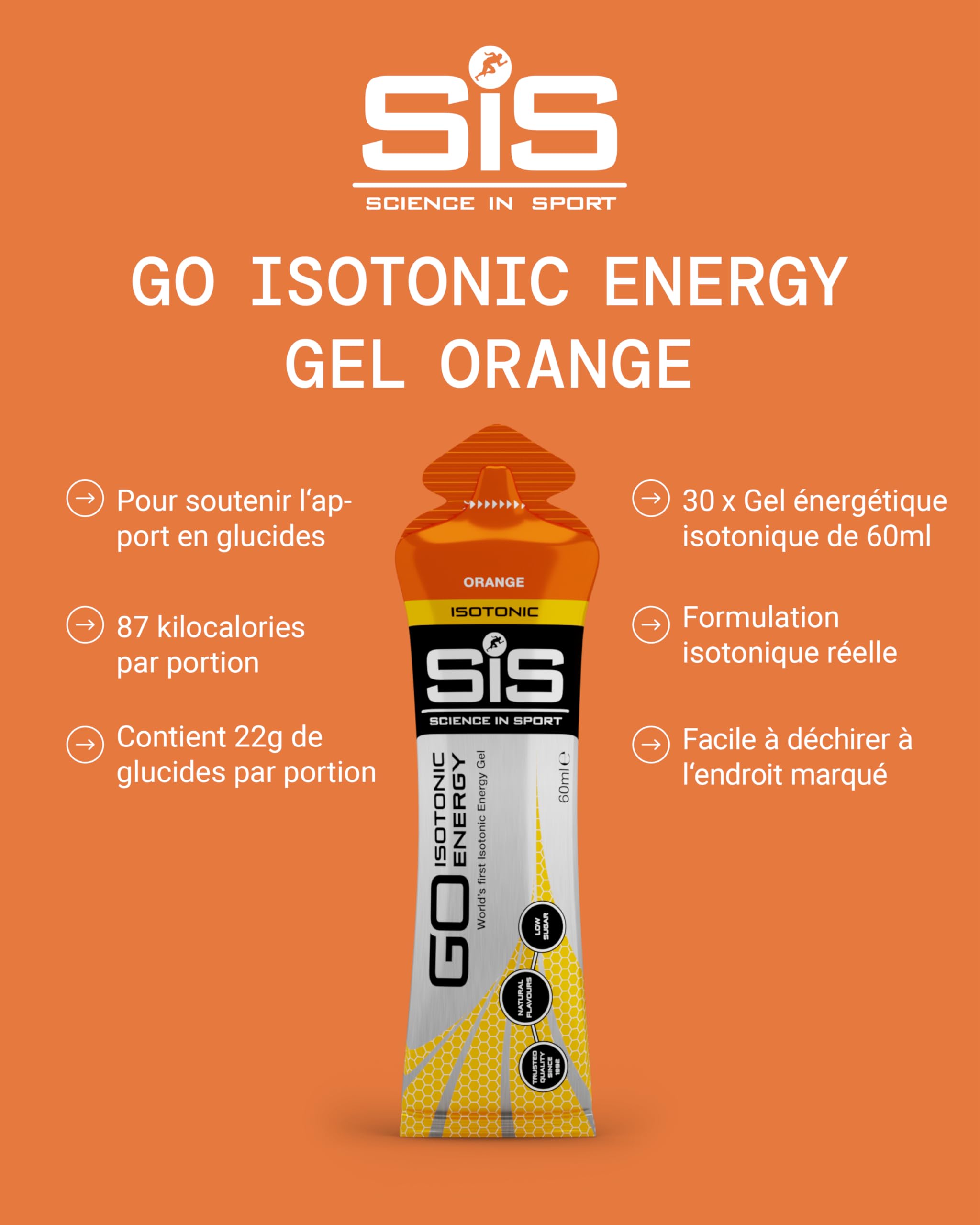 Science In Sport GO Isotonic Energy Gels, Gels de course avec 22 g de glucides, faible teneur en sucre, arôme orange, 60 ml par portion (lot de 30)