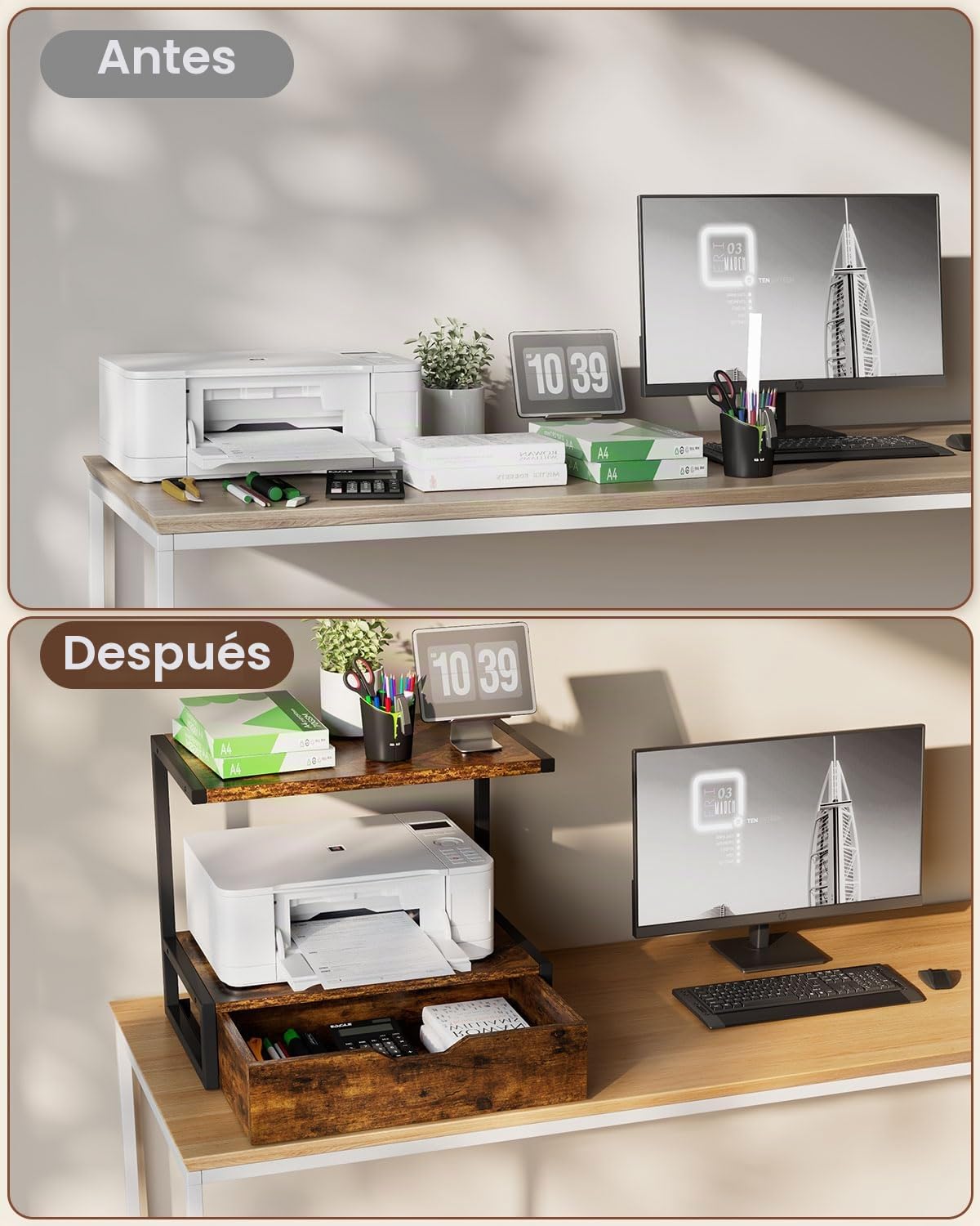 IBUYKE Soporte para impresora de escritorio multifunción, mesa con estante de almacenamiento, organizador para carpetas y libros, compatible con fax y escáner