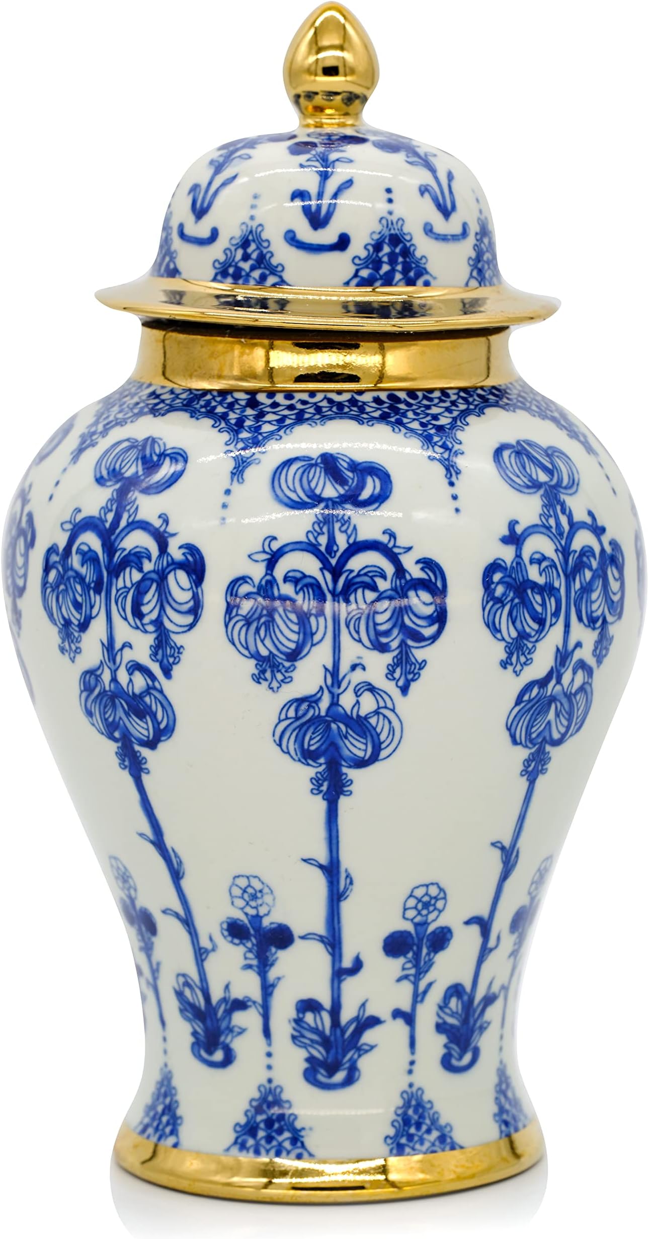 Ginger Jar with Lid BALIOS Decor Handmade Gold Trim Blue and White Porcelain Fuchsia Flowers Centerpiece Table Decoration Floral Arrangement