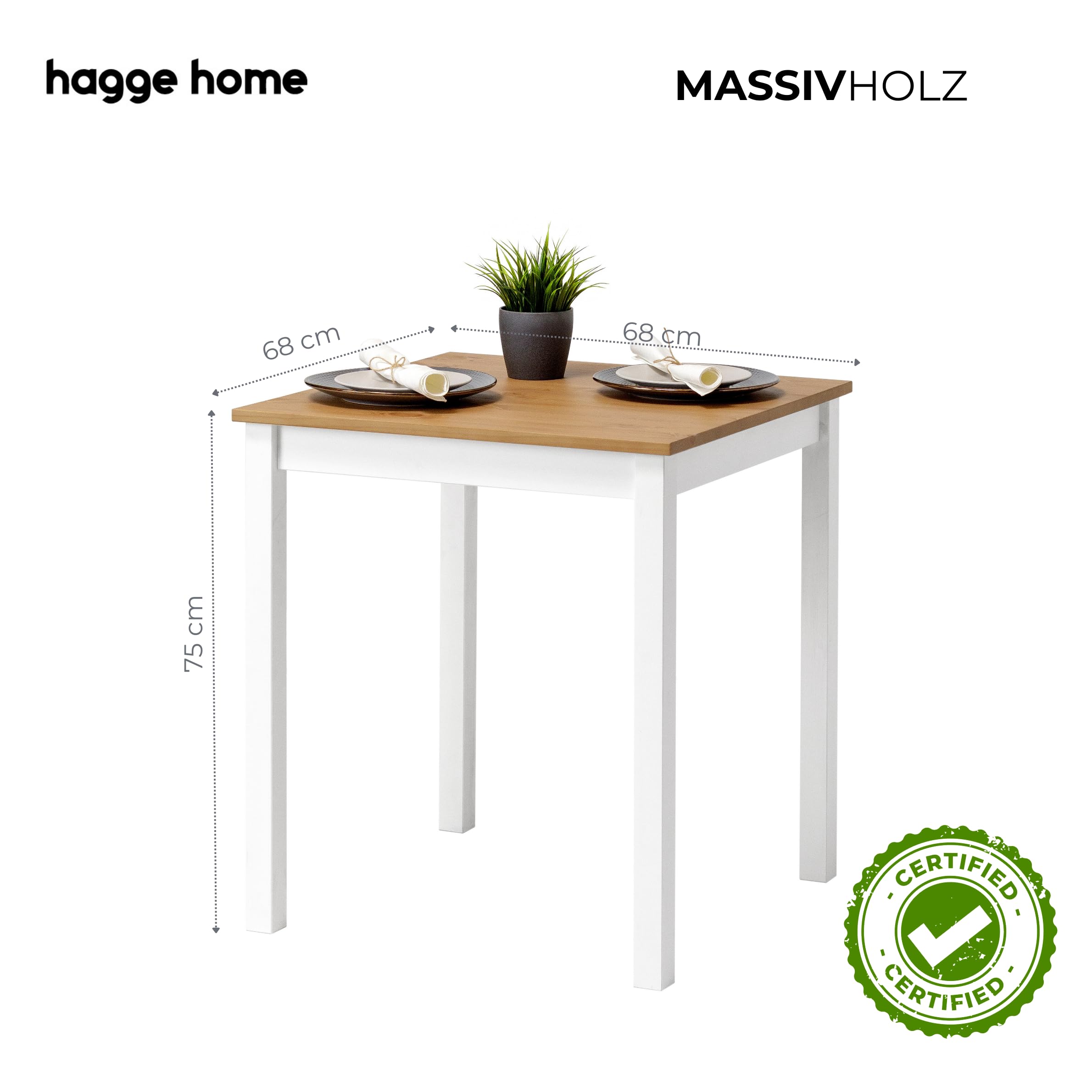 hagge home Holz Esszimmertisch Kleiner Küchentisch 70x70 Esszimmertische Esstisch Klein Holztisch Esszimmer Esstische Tisch Esszimmer Dining Table Kitchen Table Kleiner Esstisch Weiß Braun Küche, Haushalt & Wohnen