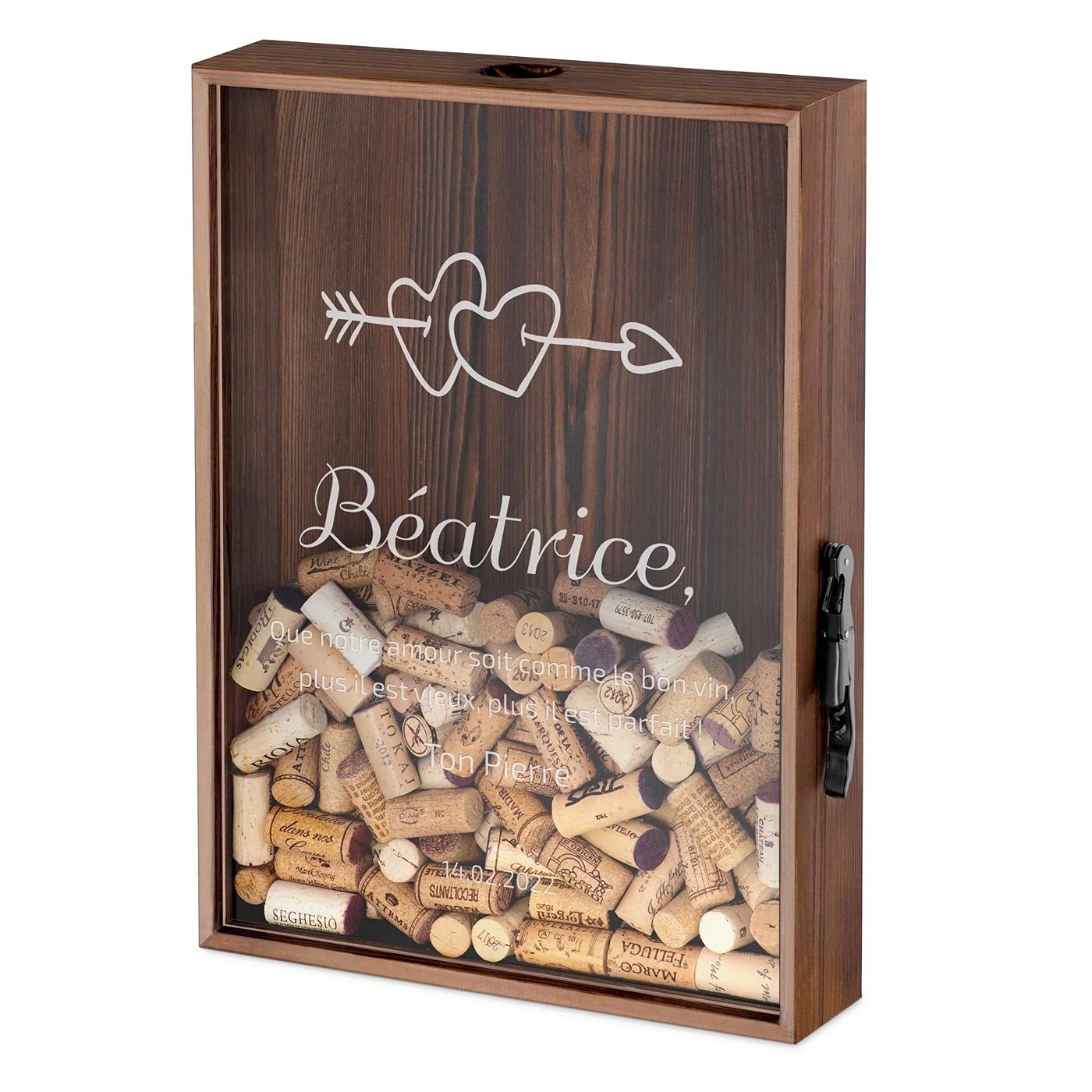 Boîte aux bouchons personnalisée Maverton avec ouvre-bière et motif cœurs