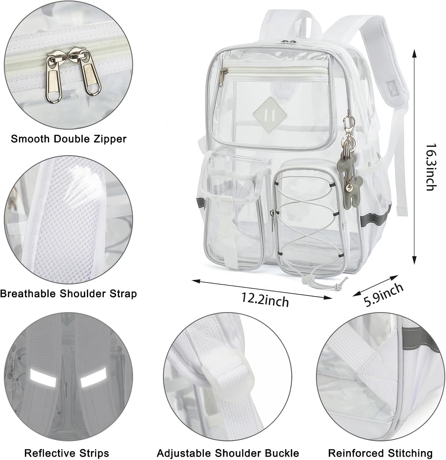 Clear Backpack for Girls Women, Heavy Duty Transparent School Backpack Bookbag with Giraffe Keychain (White)