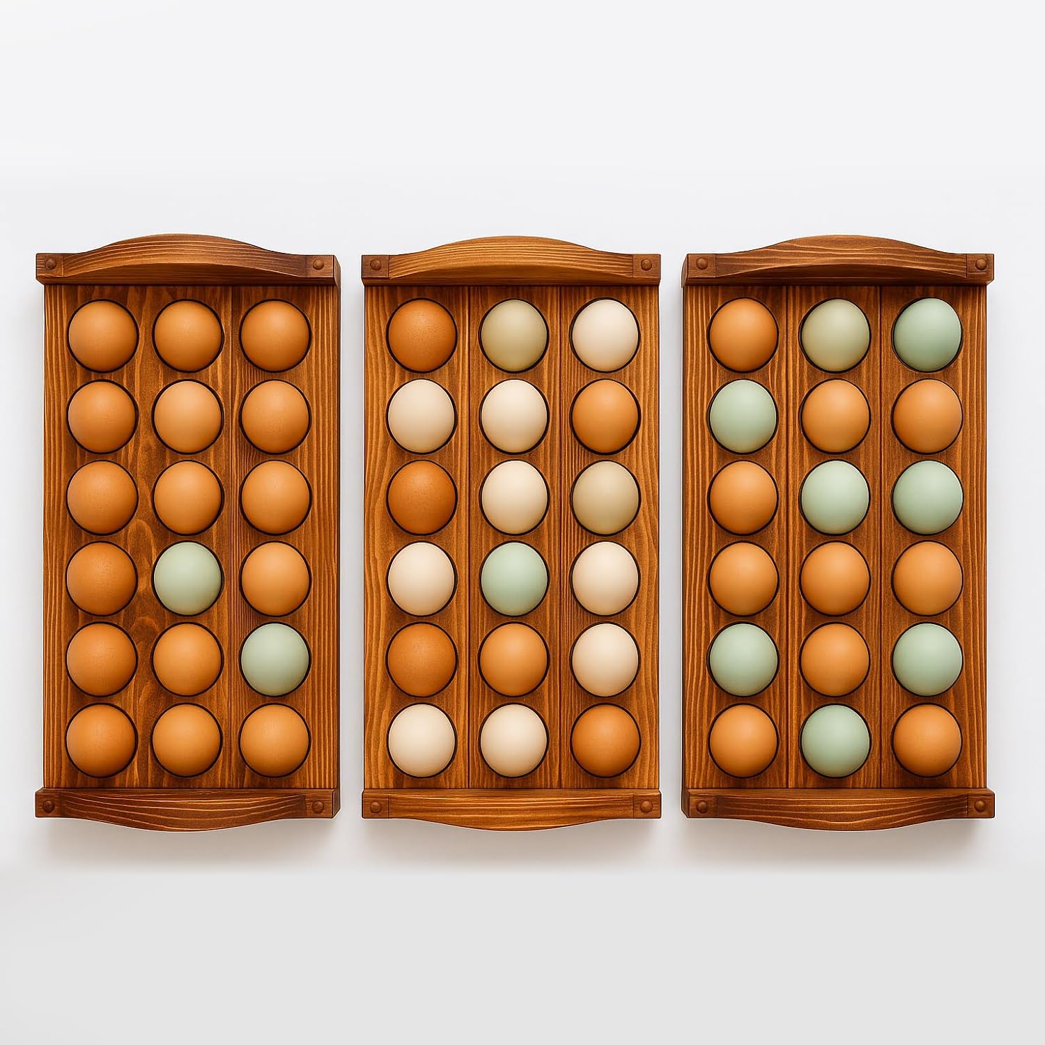 Wooden Egg Holder for Countertop, Holds 54 Eggs, 3-Tier Farmhouse Egg Organizer for Fresh Eggs, Stackable Egg Storage Rack for Kitchen, Rustic Pine Wood Egg Display Stand for Home & Country Decor - Image 2