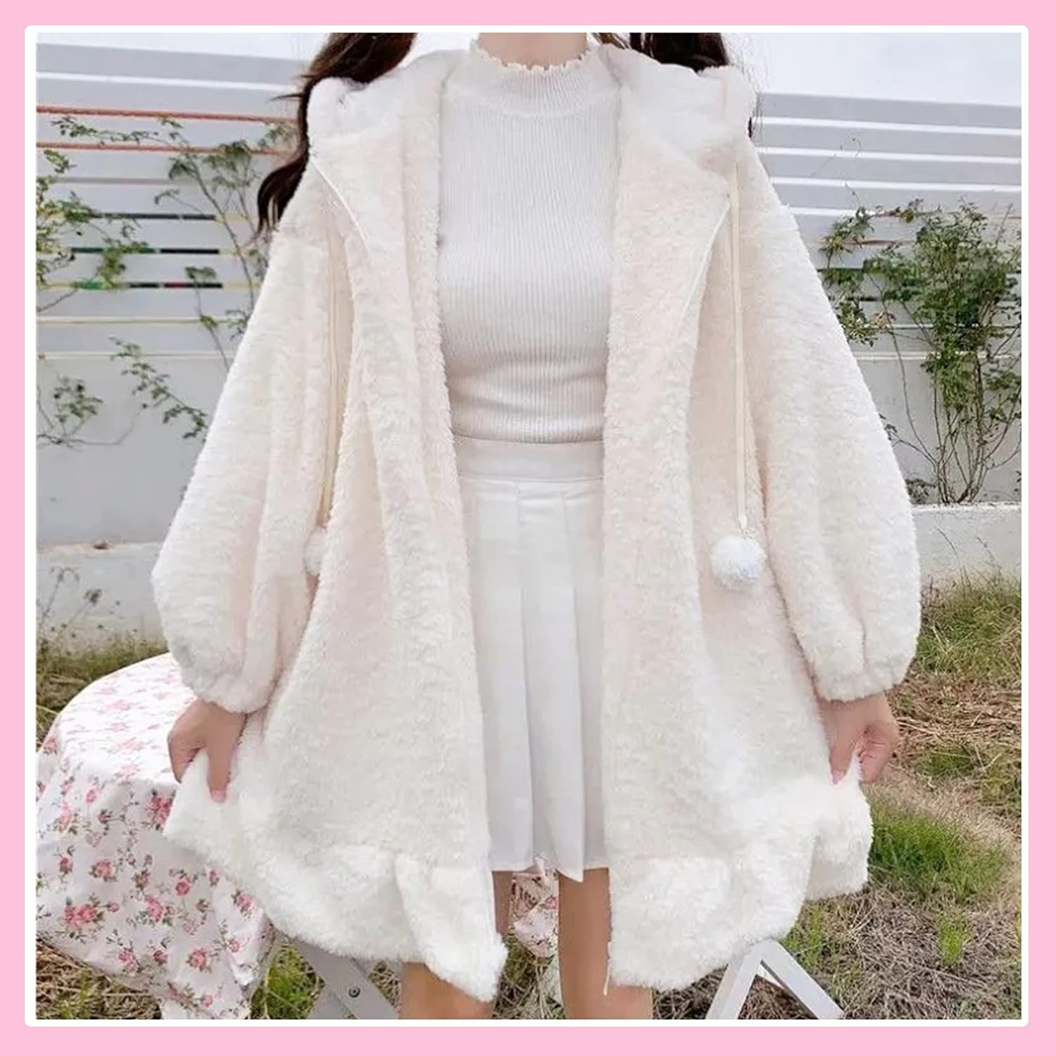 Women Kawaii Bunny Ear Sweatshirt Hoodie Lolita Long Sleeve Cute Fluffy Fleece Coat Jackets