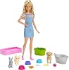Set de juego Barbie Play 'n Wash Pets con 3 animales que cambian de color y 10 accesorios de juguete, muñeca de moda rubia con ojos azules 1